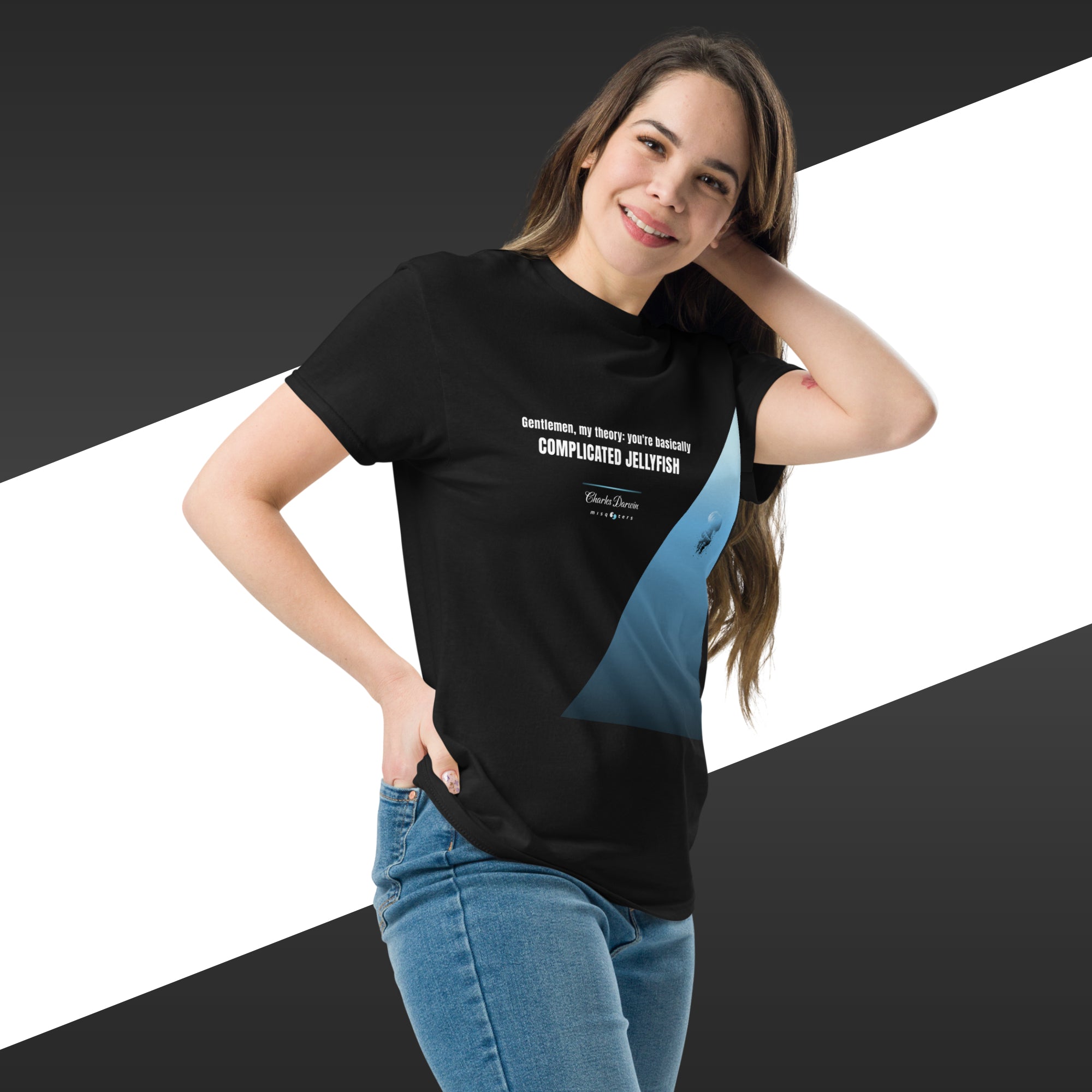 Jellyfish - Charles Darwin | Classic tee - black t-shirt mockup on female model
