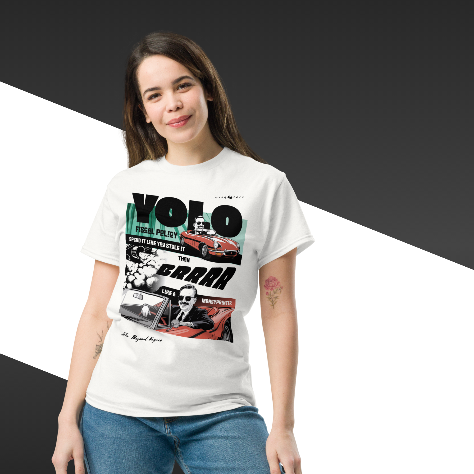 Woman wearing a white t-shirt with graphic design and text