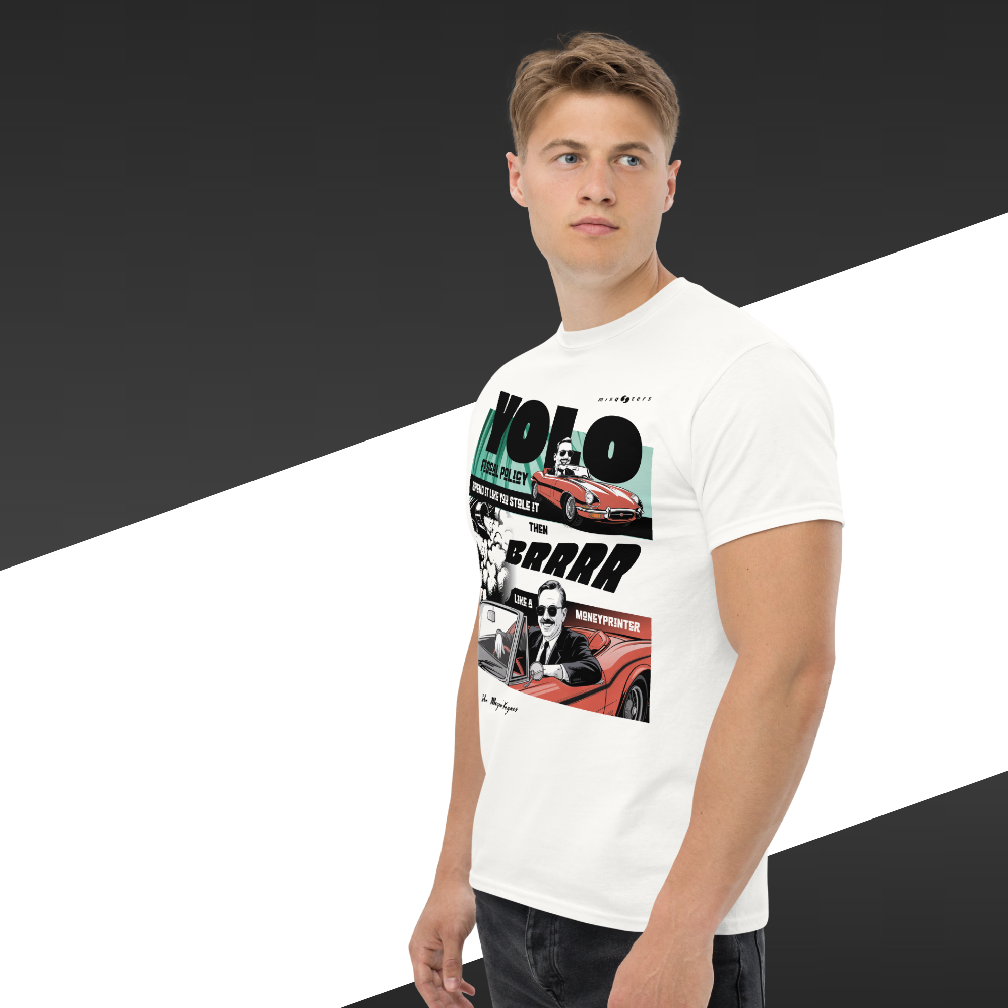Person wearing a white t-shirt with graphic design on a black and white background
