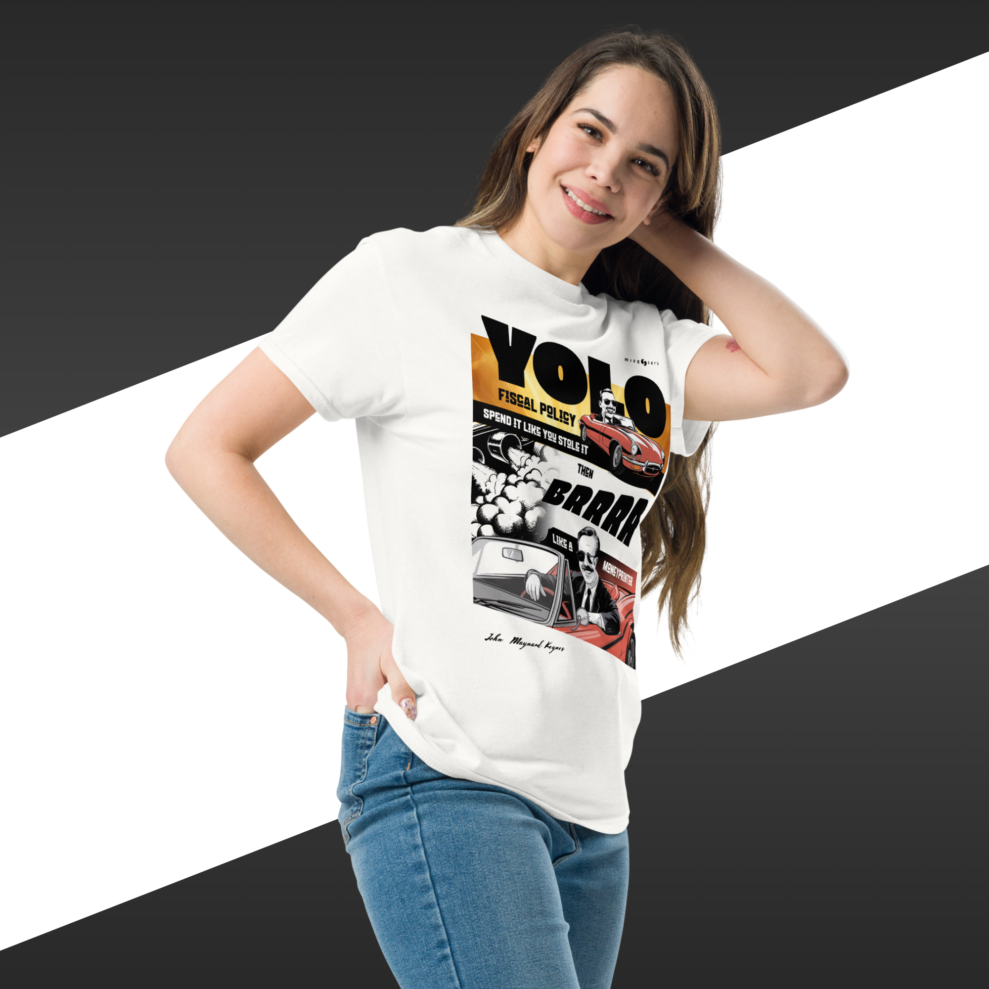 Woman wearing a white tee with a black, red and golden graphic representing a misquote from Keynes