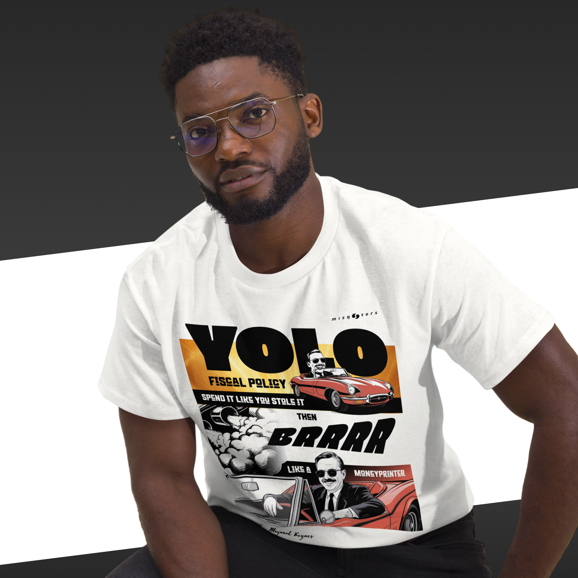 Man wearing a white t-shirt with graphic design and text