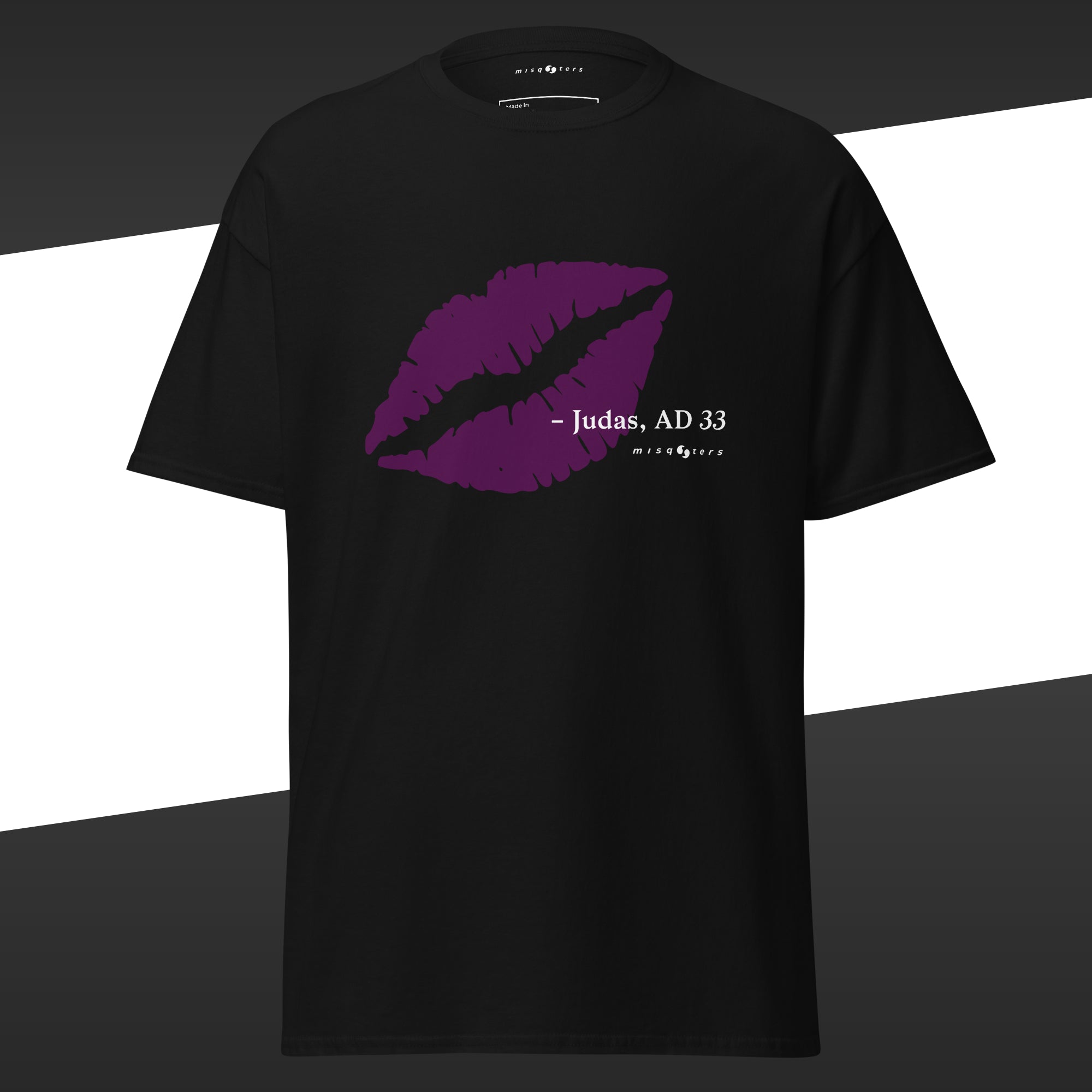 Black t-shirt with purple lips graphic and the text "- Judas, AD 33"