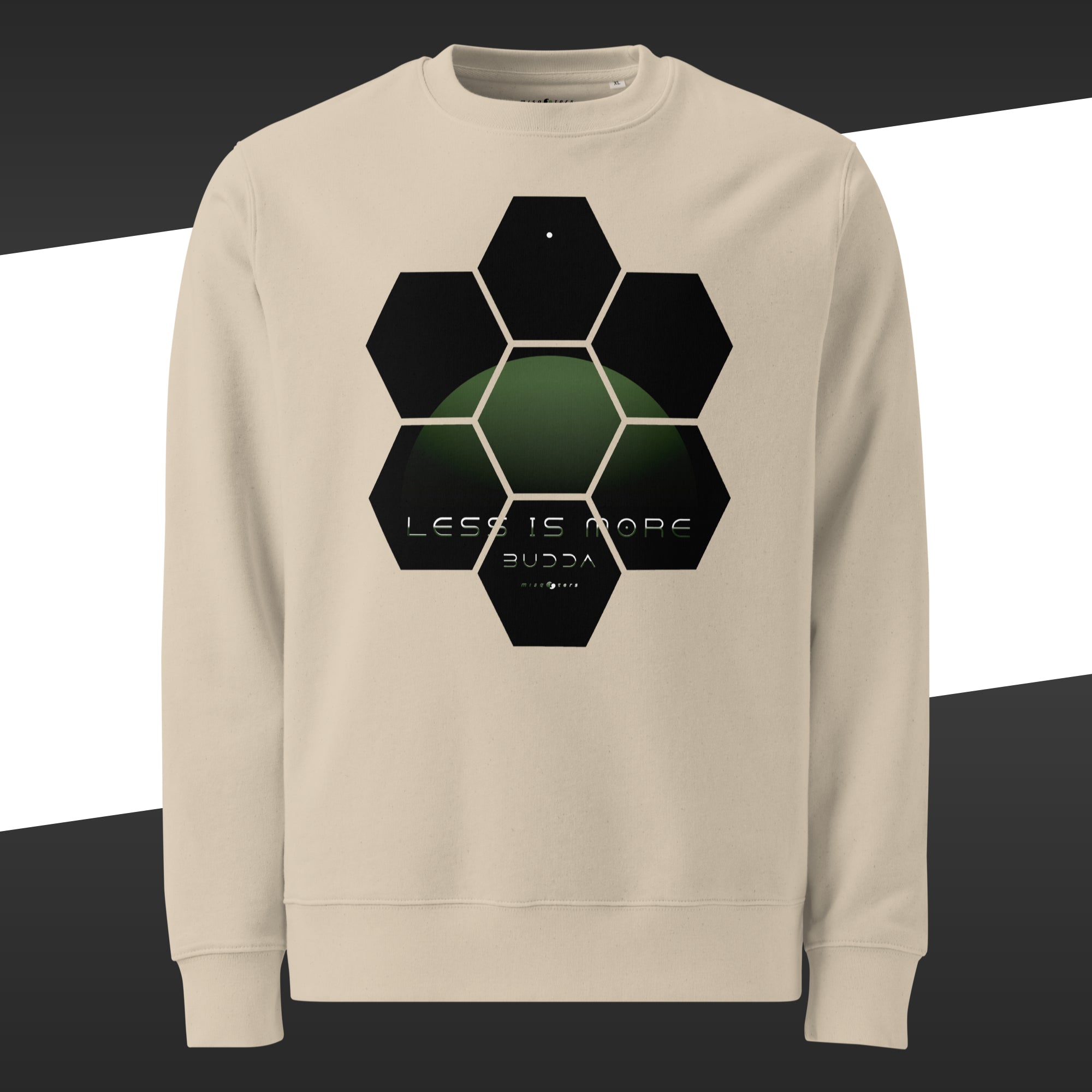 Beige sweater with a green design of the fake quote "Less is more" by Buddha