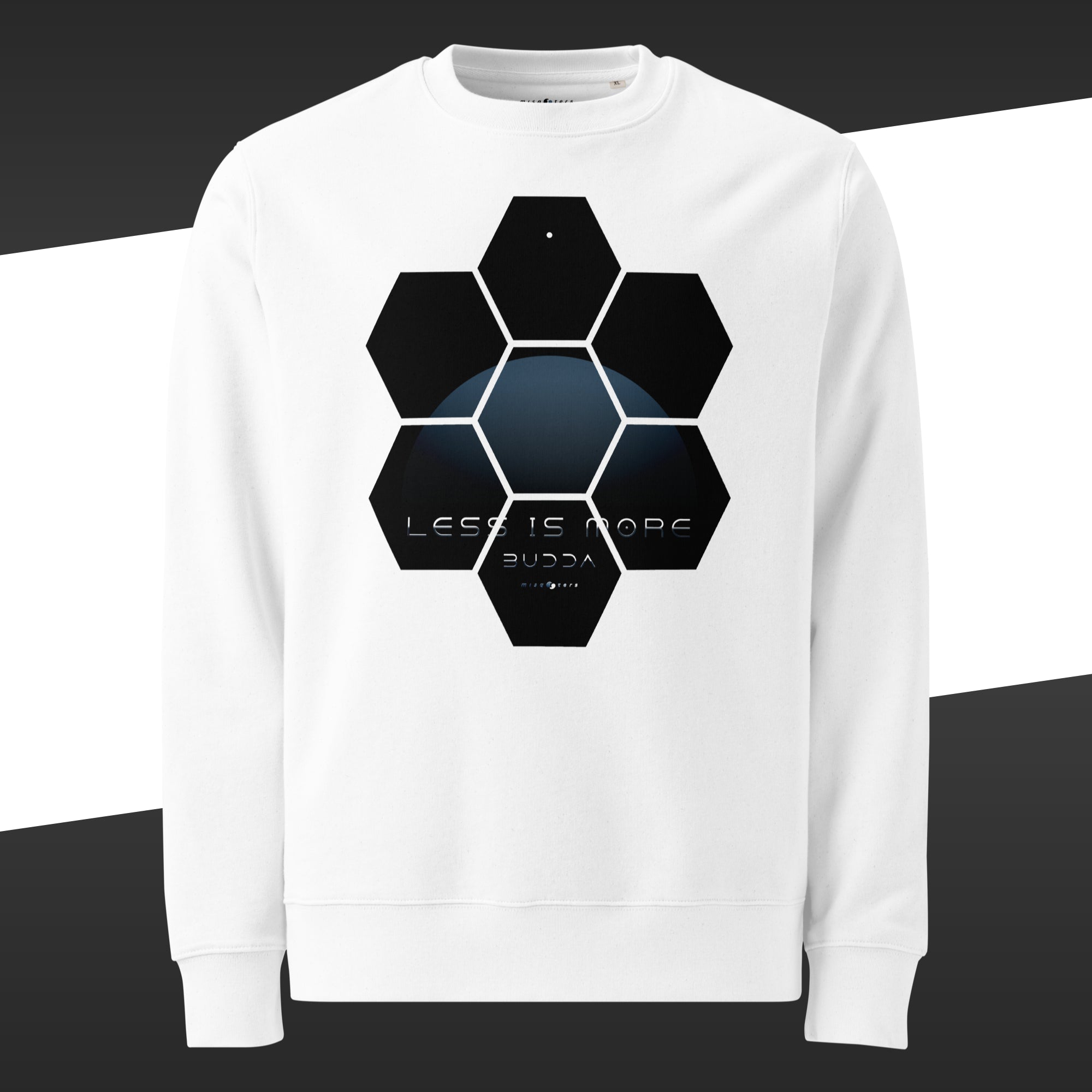 White sweater with a blue design of the fake quote "Less is more" by Buddha