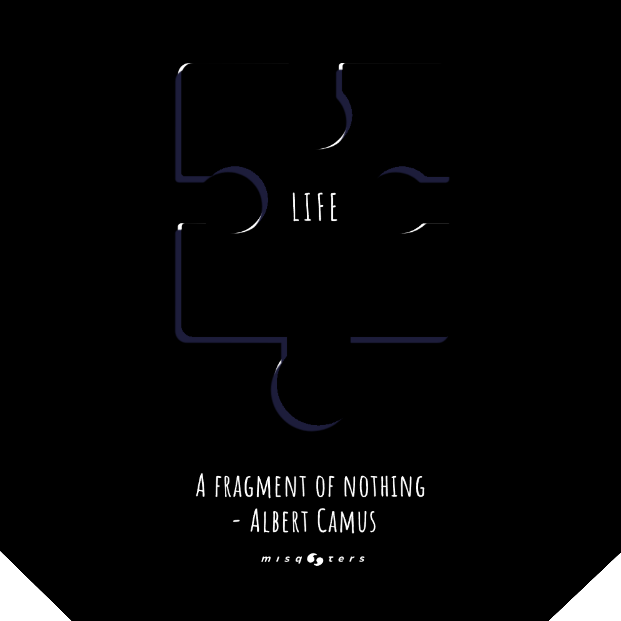 Black background with white text and abstract design, featuring a quote by Albert Camus.