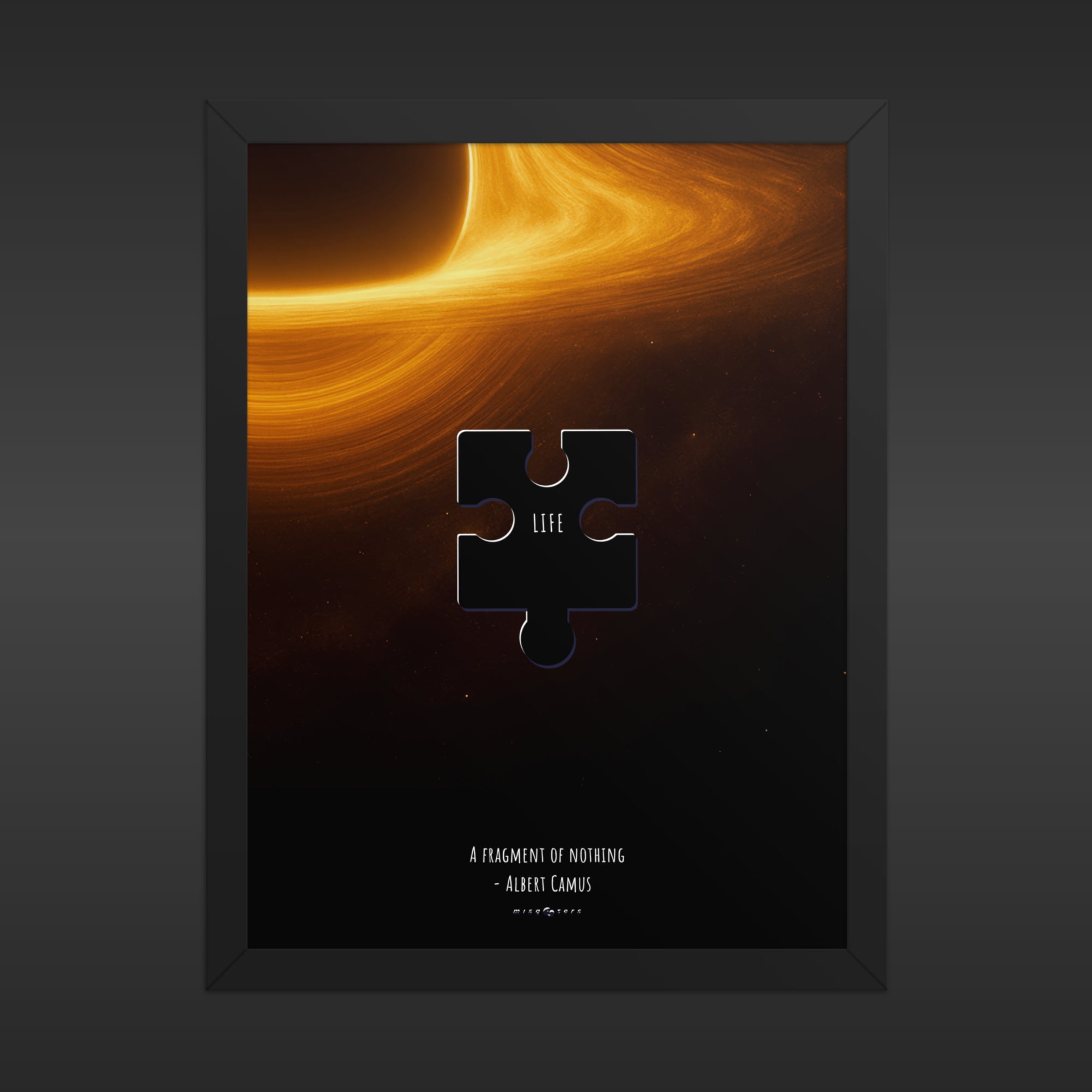 Framed artwork with a puzzle piece cutout and text on a dark background