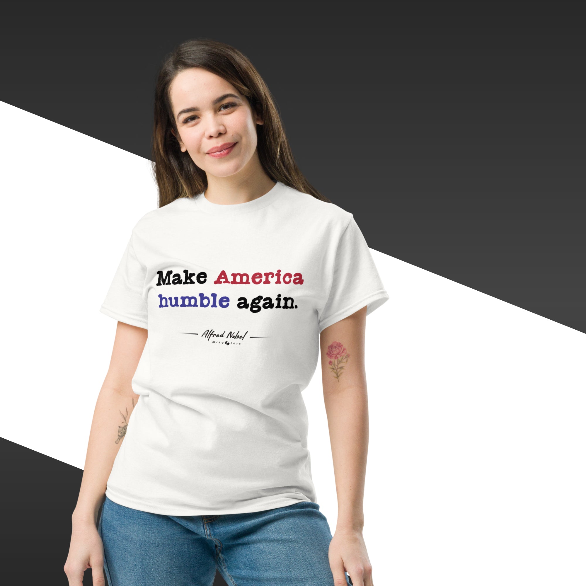 Make America humble again - Alfred Nobel | Classic tee - white t-shirt mockup on female model