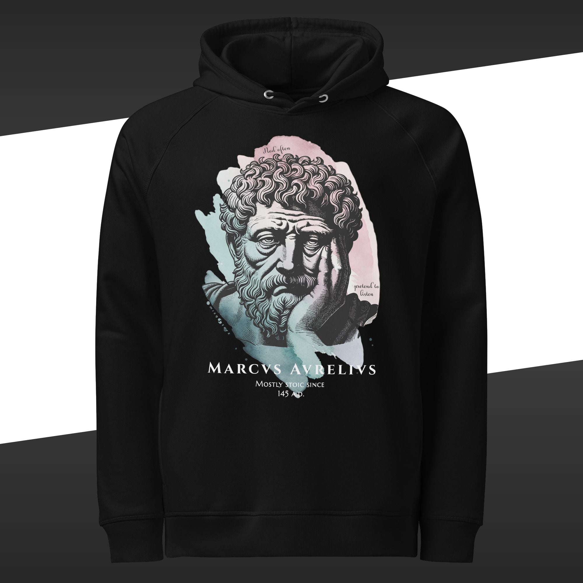 Black hoodie with a graphic of Marcus Aurelius on it