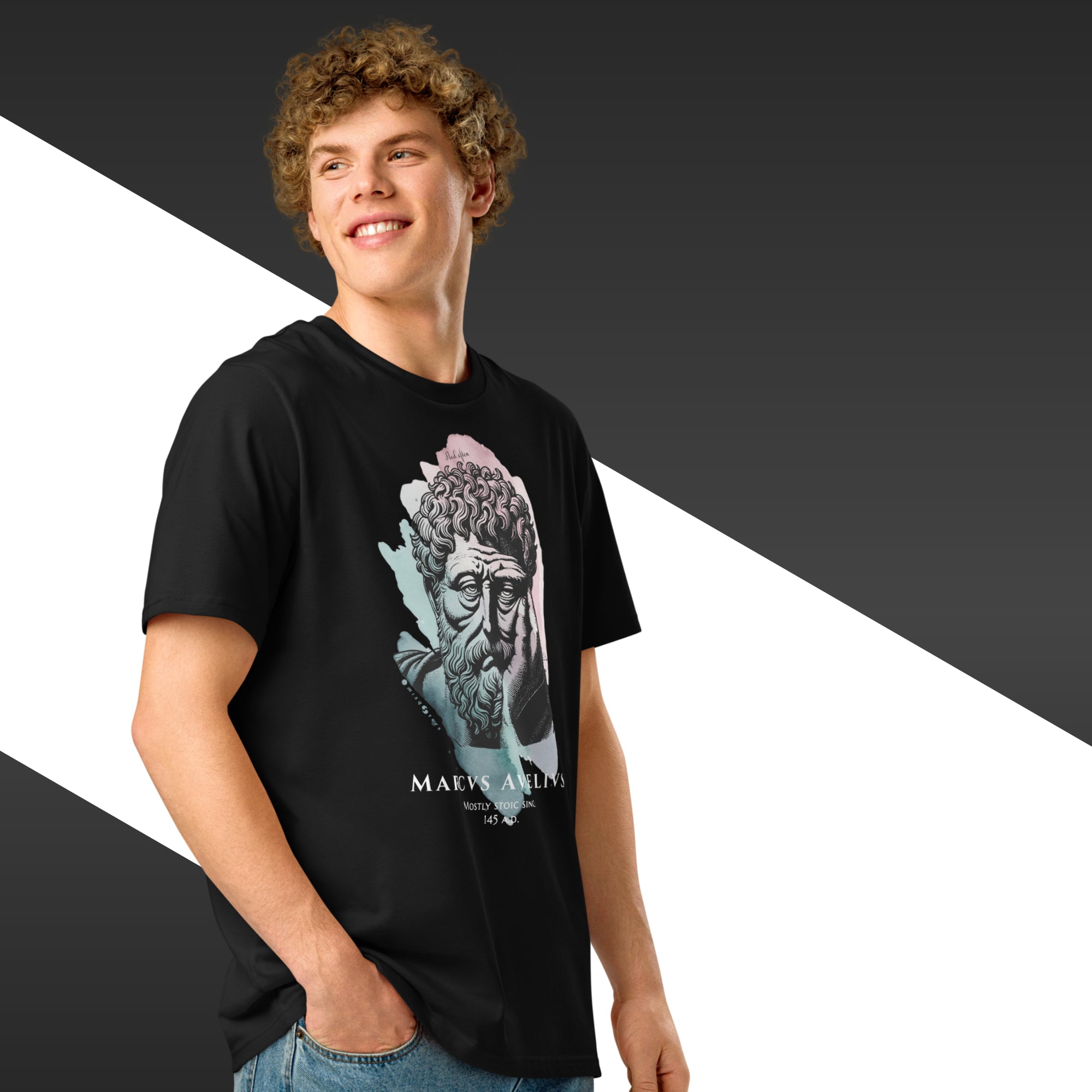Man with a black t-shirt with a Marcus Aurelius bust on it