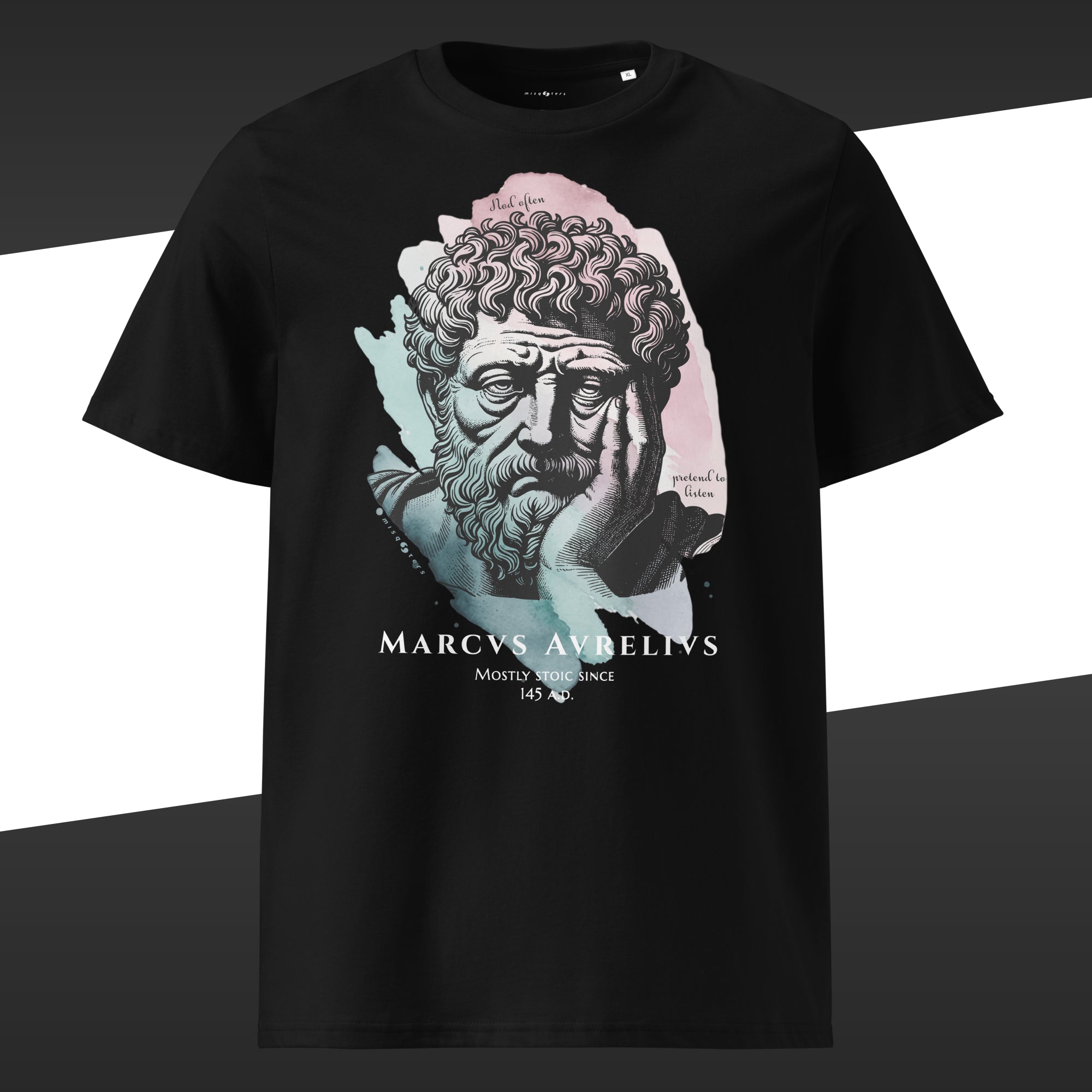 Black wide t-shirt with a graphic of Marcus Aurelius on it