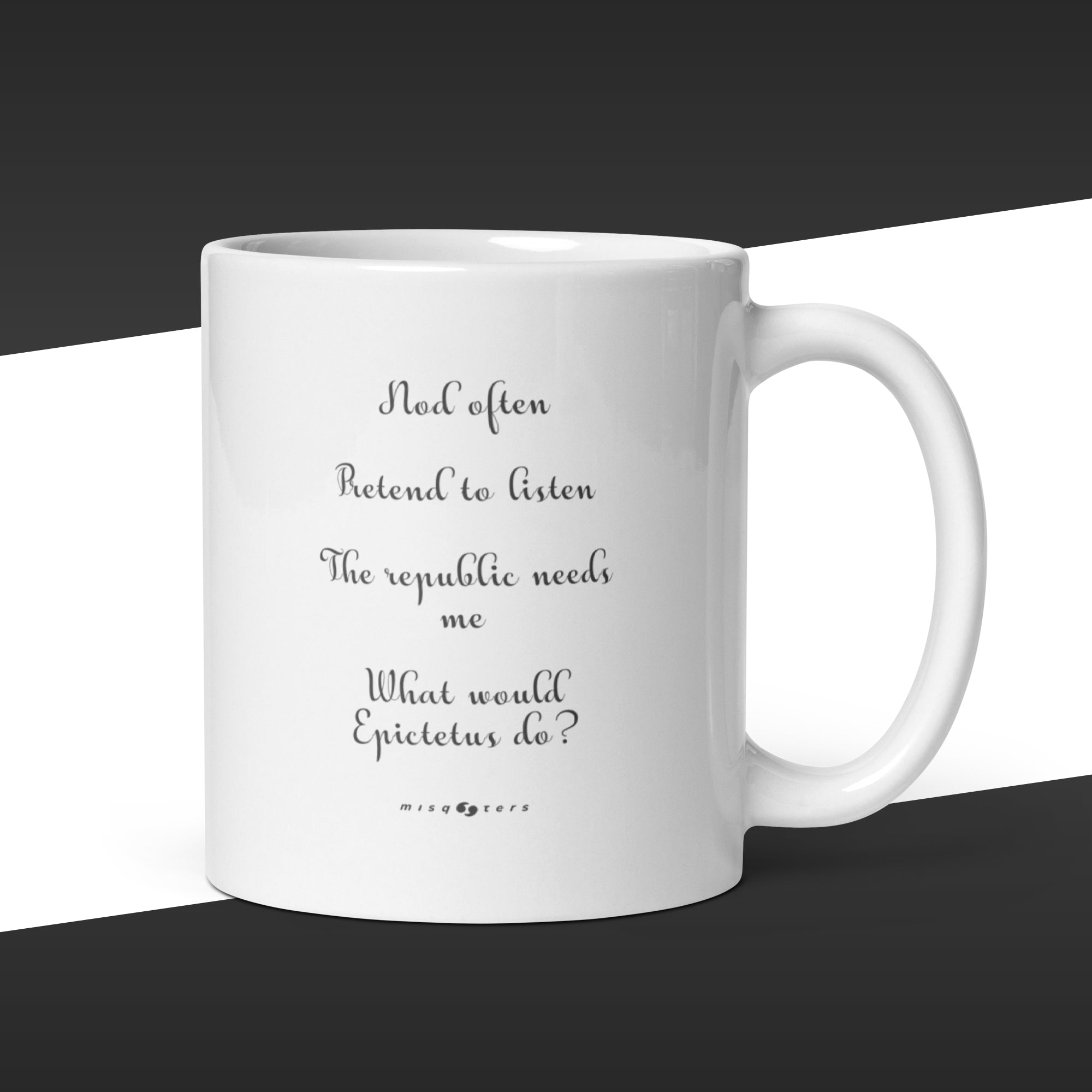 White mug with text on a black and white background