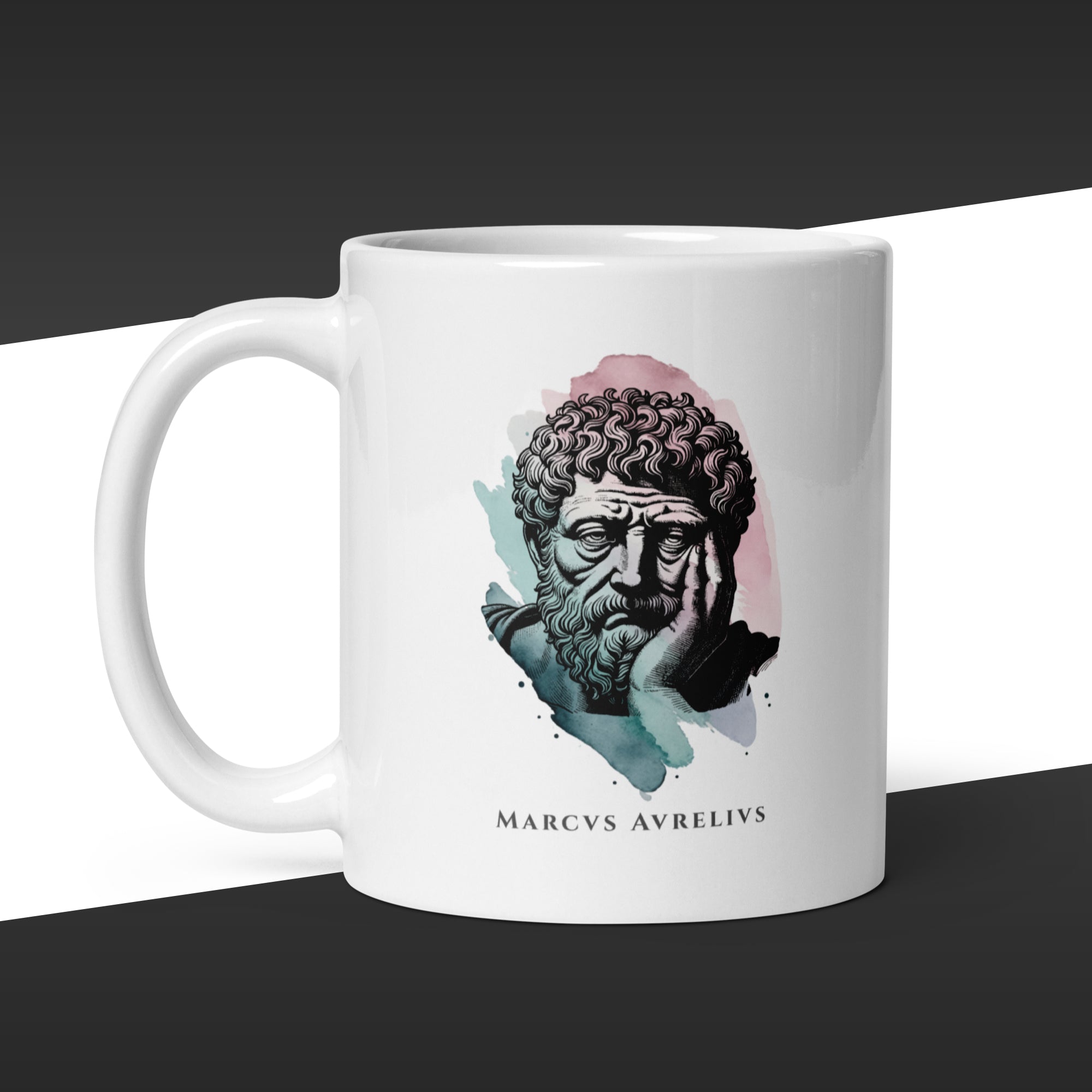 White 11oz mug with a graphic of Marcus Aurelius and the text 'Marcus Aurelius' on a white background