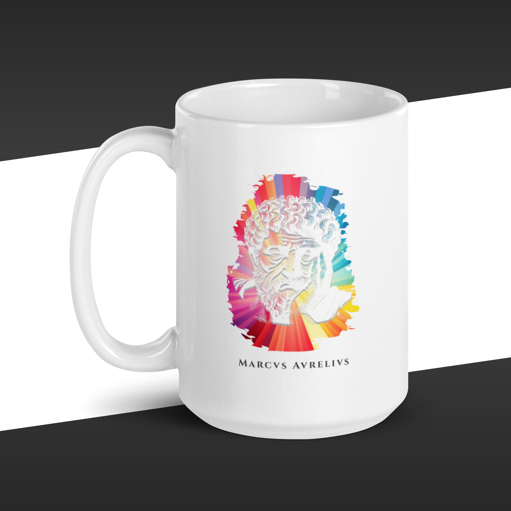 White 15oz mug with a colorful graphic of Marcus Aurelius and the text 'Marcus Aurelius' on a white background