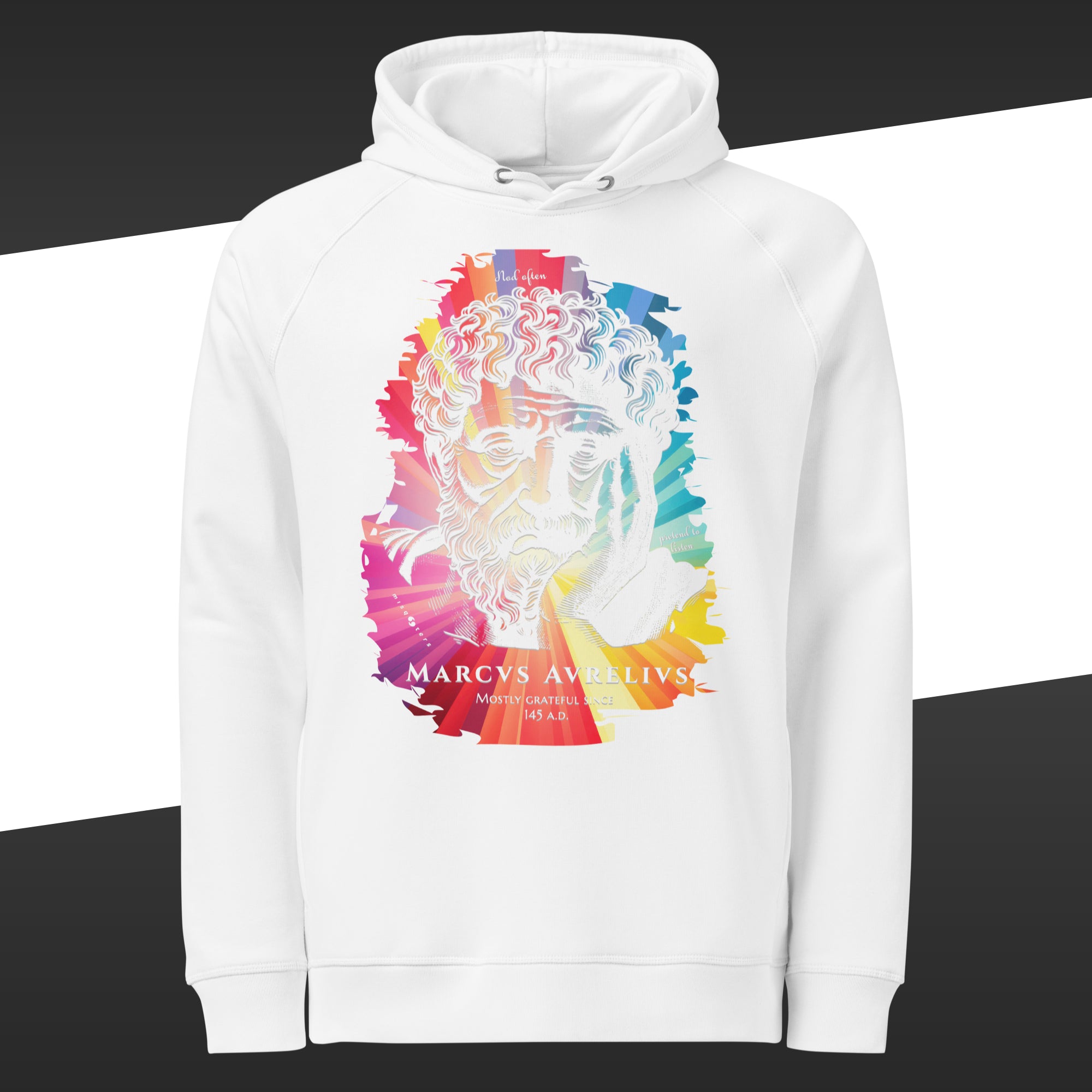 White colorful hoodie with a graphic of Marcus Aurelius on it