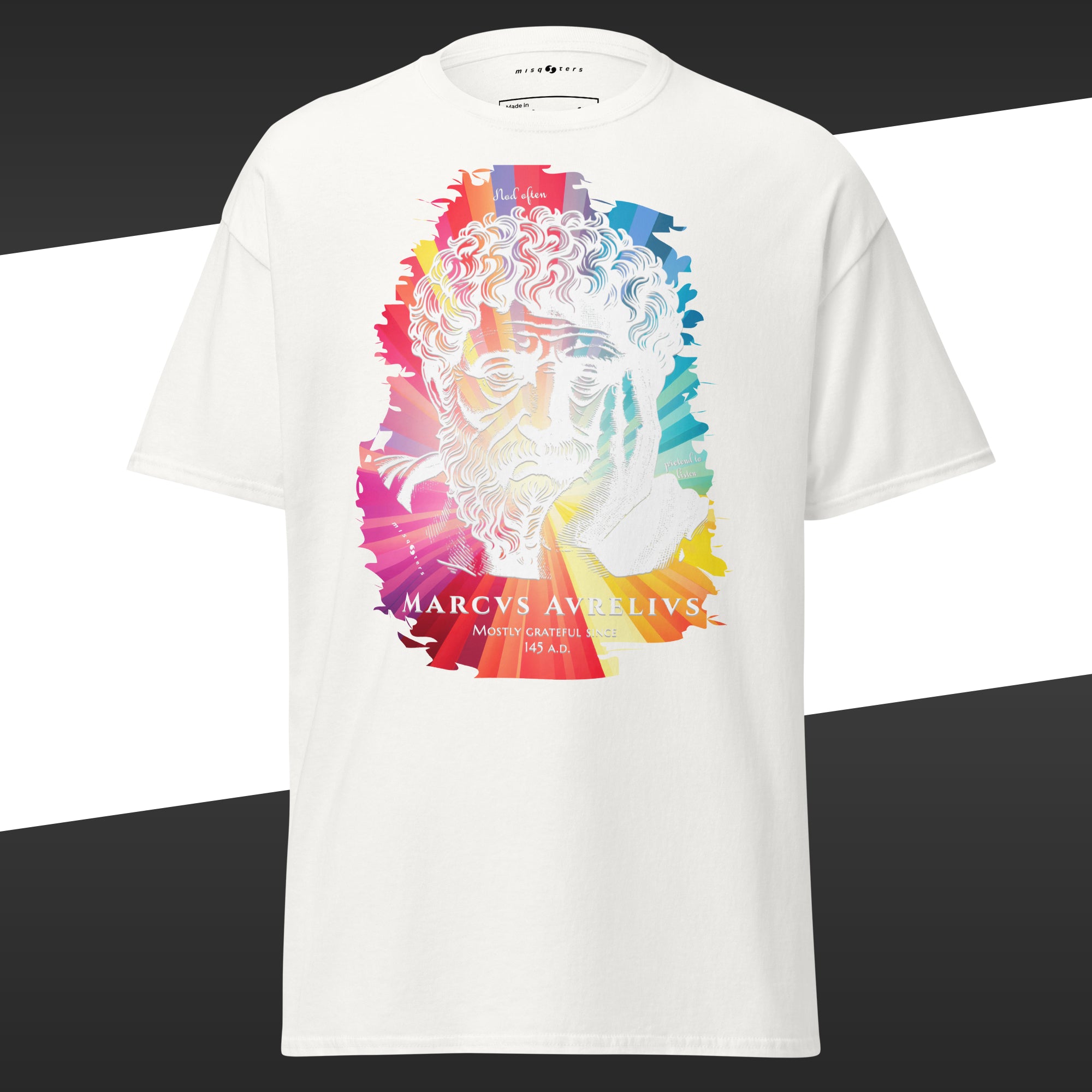 White t-shirt with a multicolor graphic of a classical statue and 'Marcus Aurelius' text on a white background