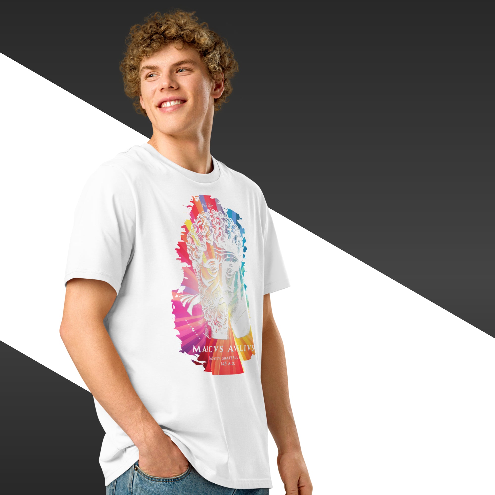 Woman with a white t-shirt with a colorful bust of Marcus Aurelius on it