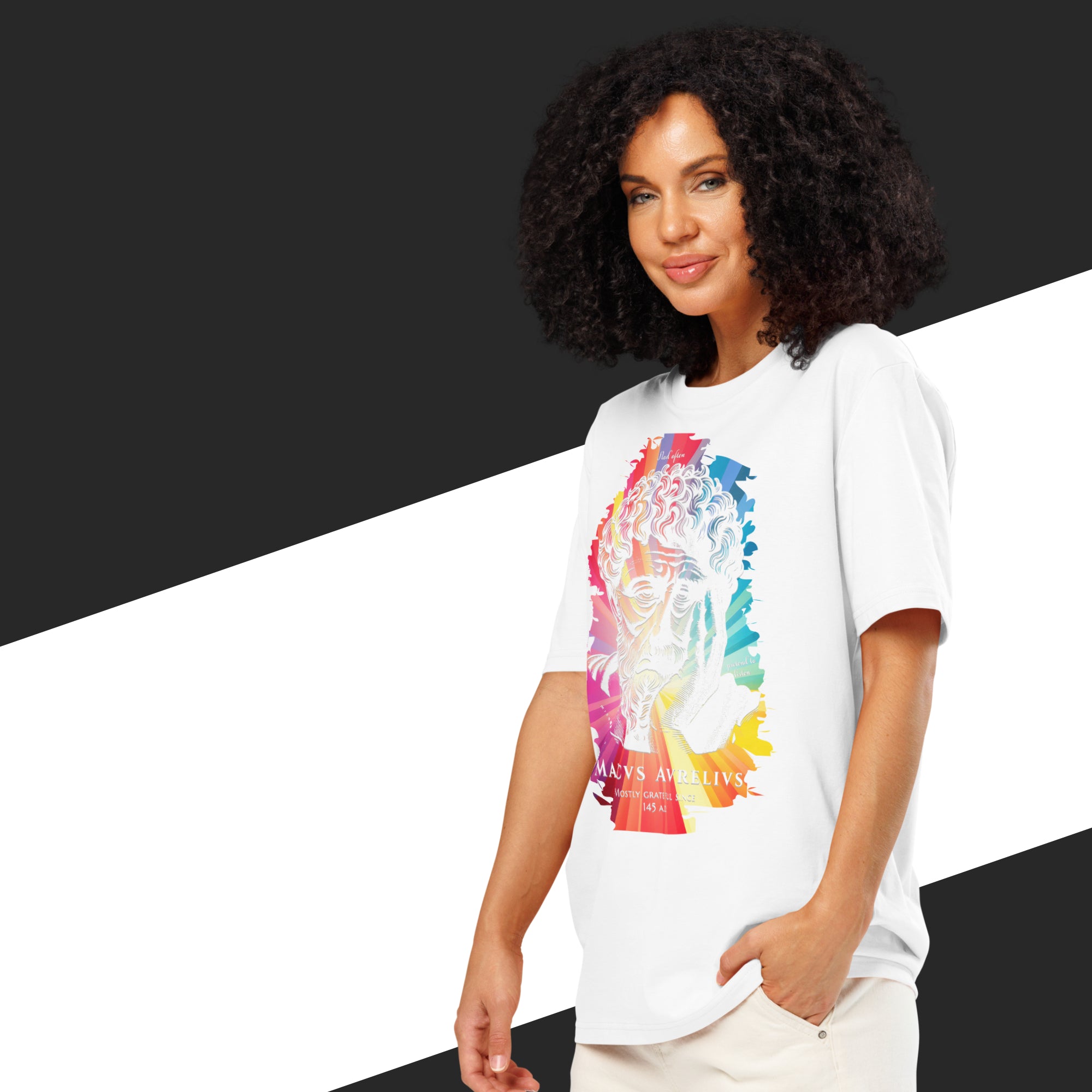 Woman with a white t-shirt with a colorful bust of Marcus Aurelius on it