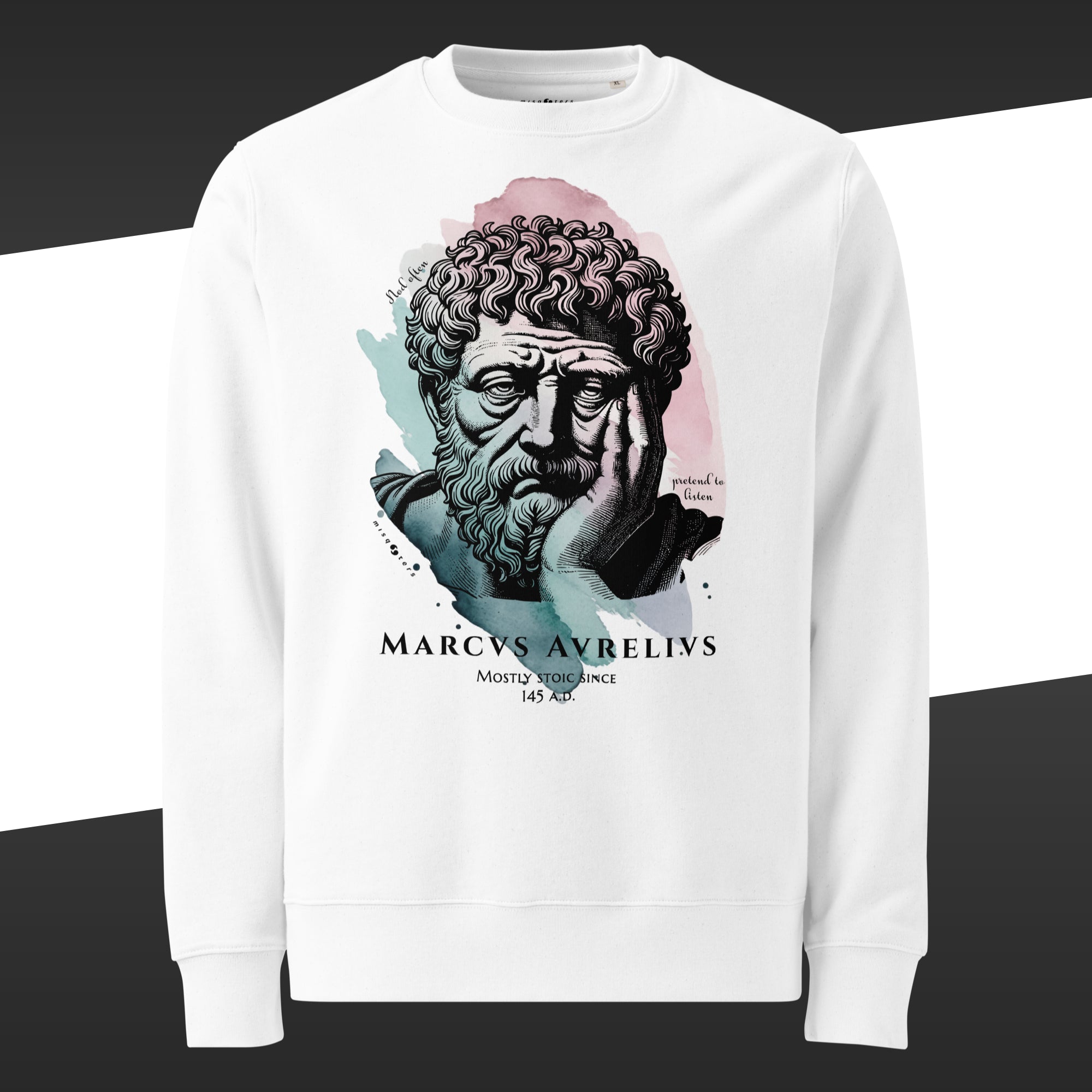 White sweatshirt with a graphic of Marcus Aurelius on it