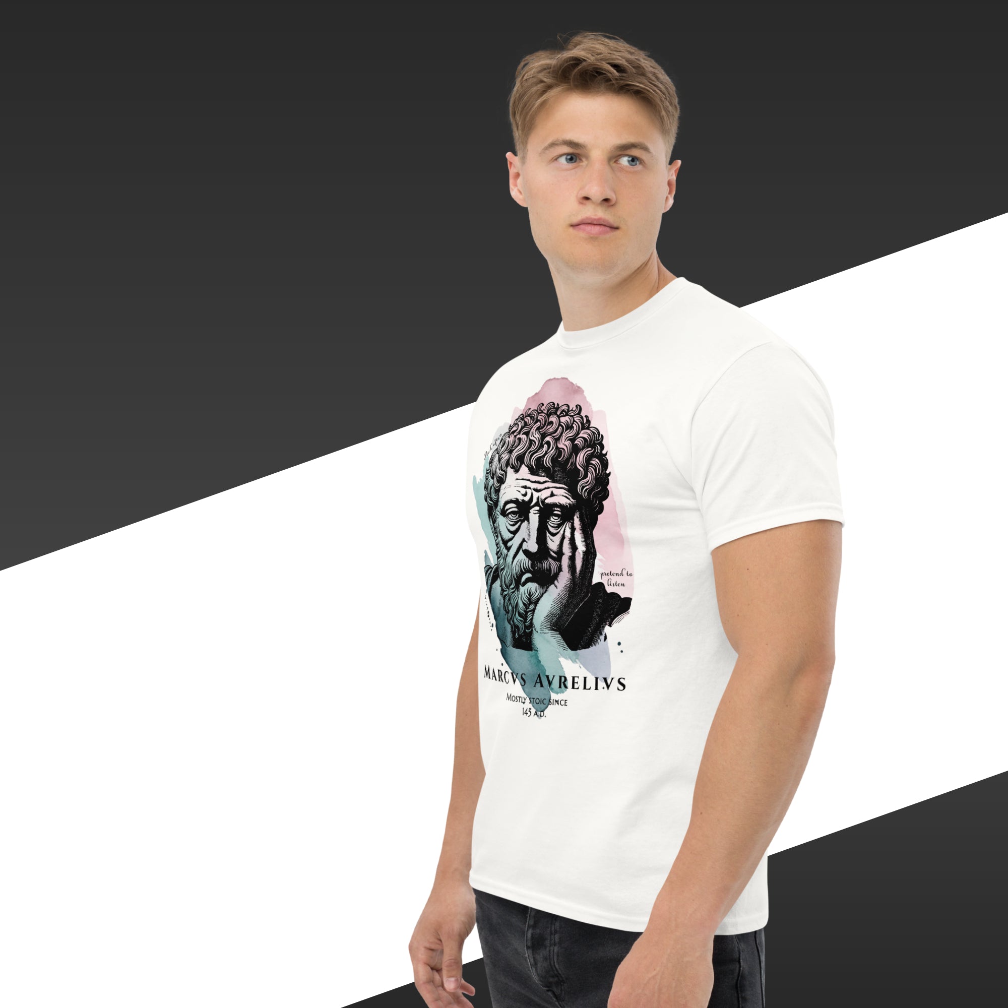 Person wearing a white t-shirt with a graphic design on a black and white background
