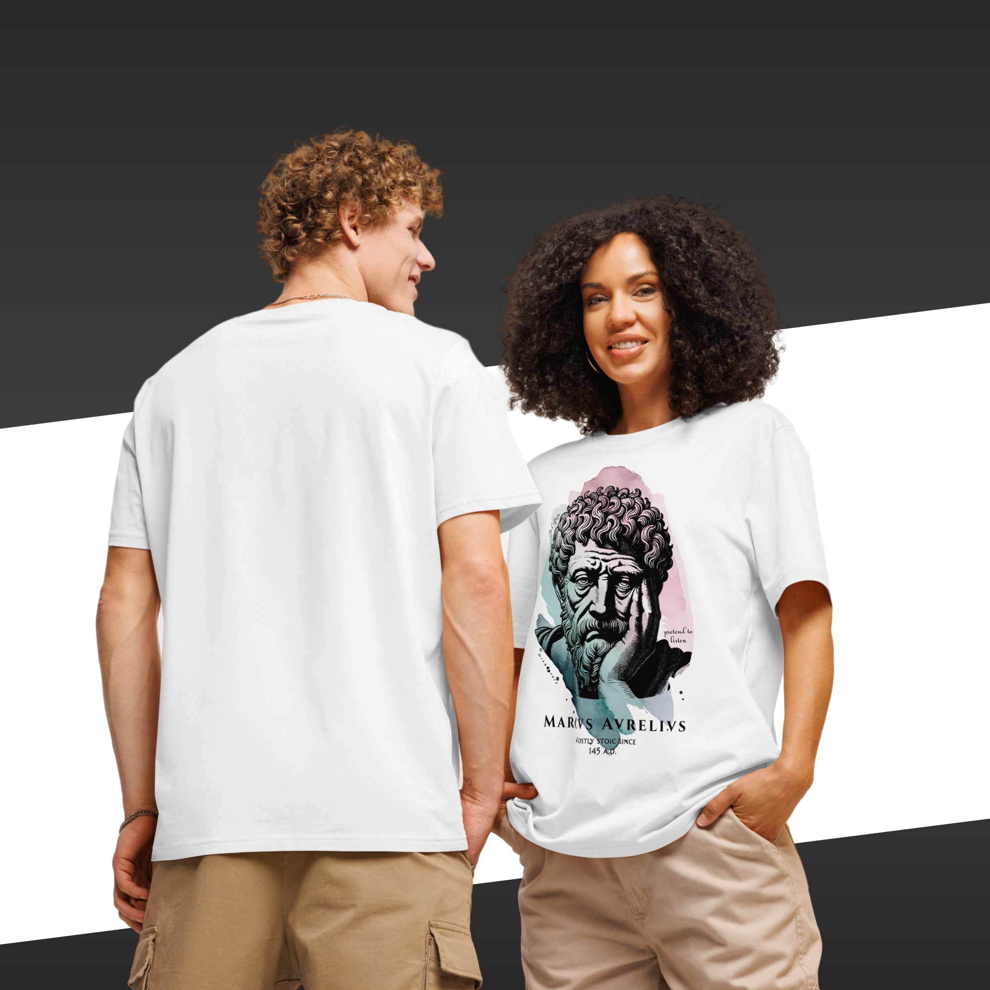 Couple wearing white t-shirts with a bust of Marcus Aurelius on it