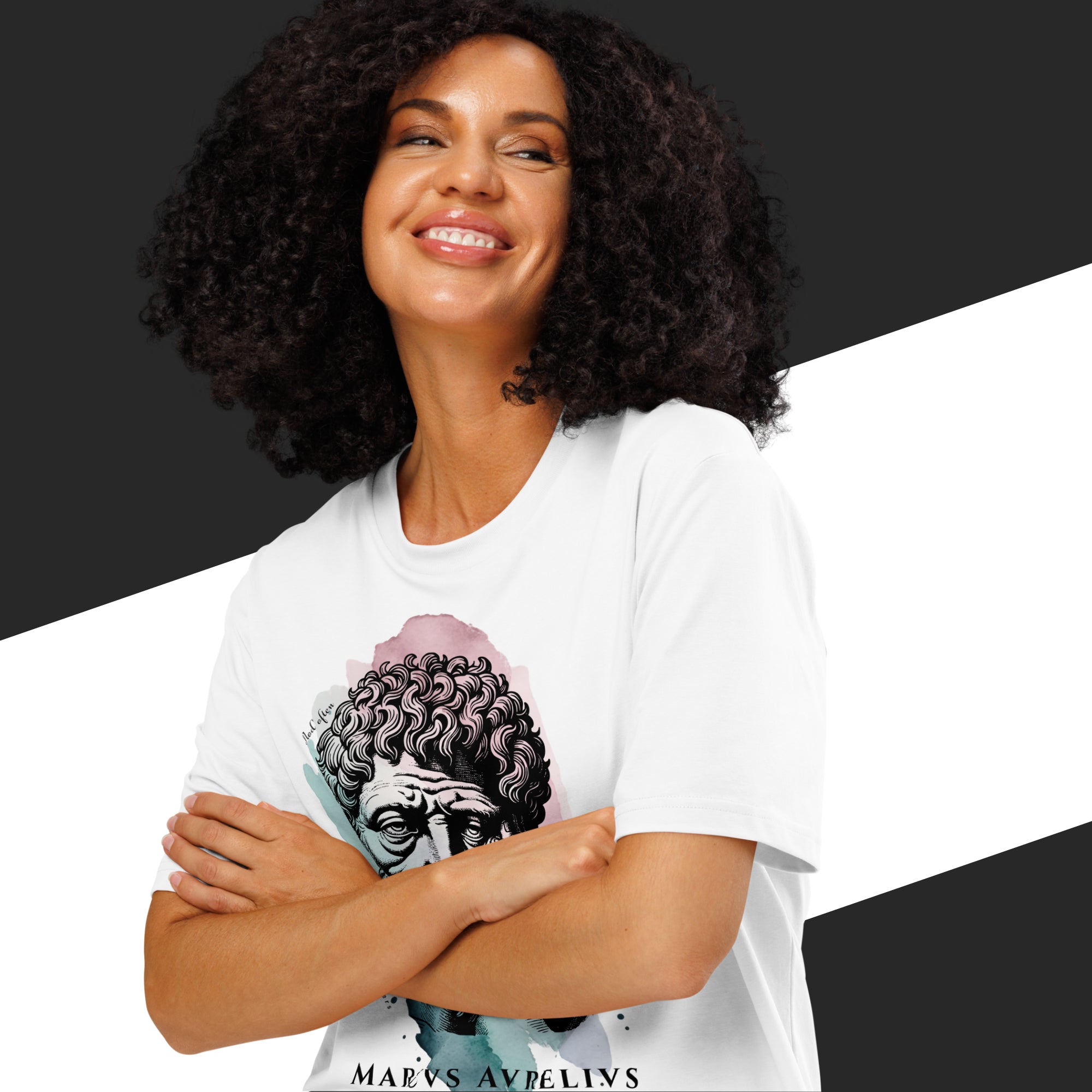 Woman with a white t-shirt on a black and white striped background