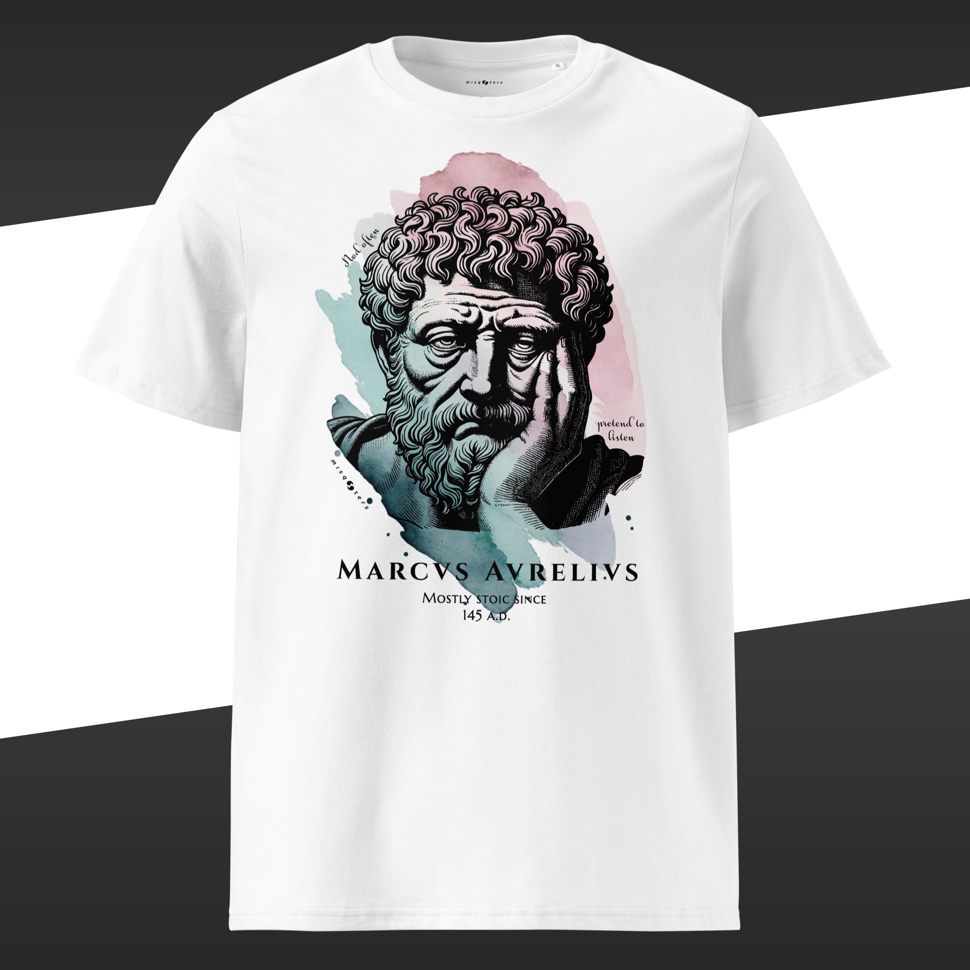 White wide t-shirt with a graphic of Marcus Aurelius on it