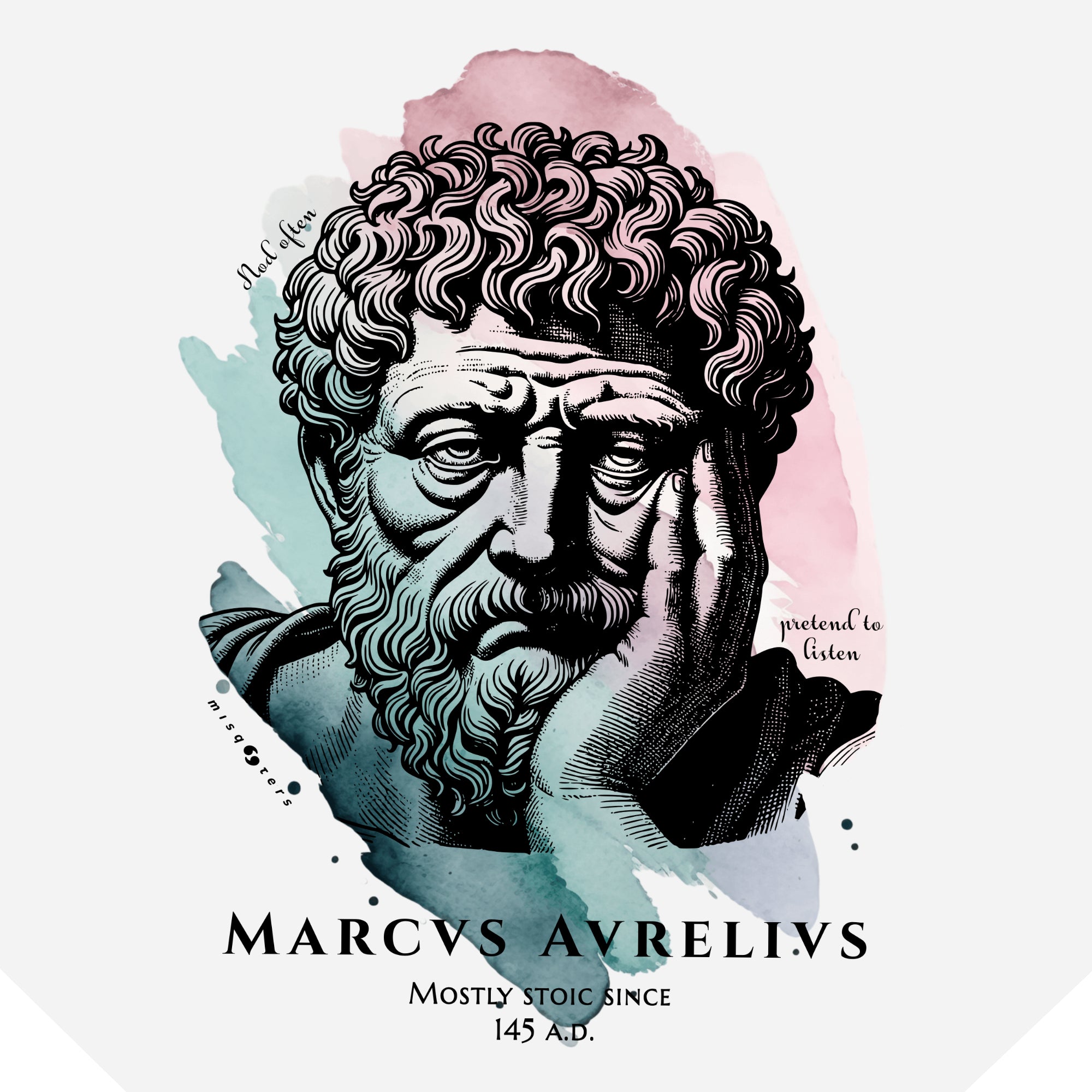 Illustration of a classical bust with text overlay on a light background