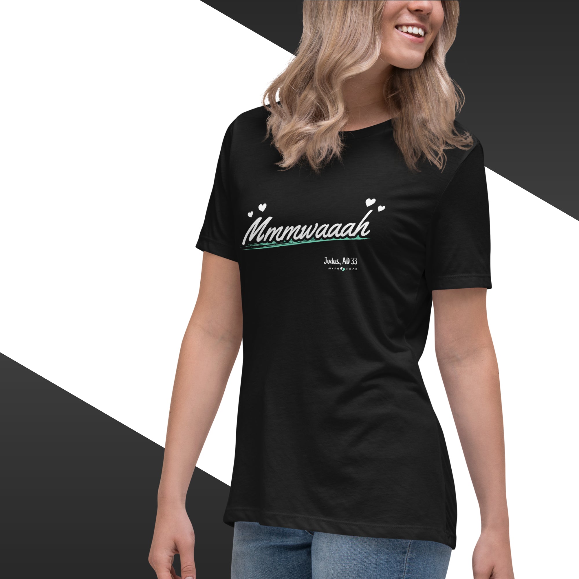 Person wearing a black t-shirt with text on a white background