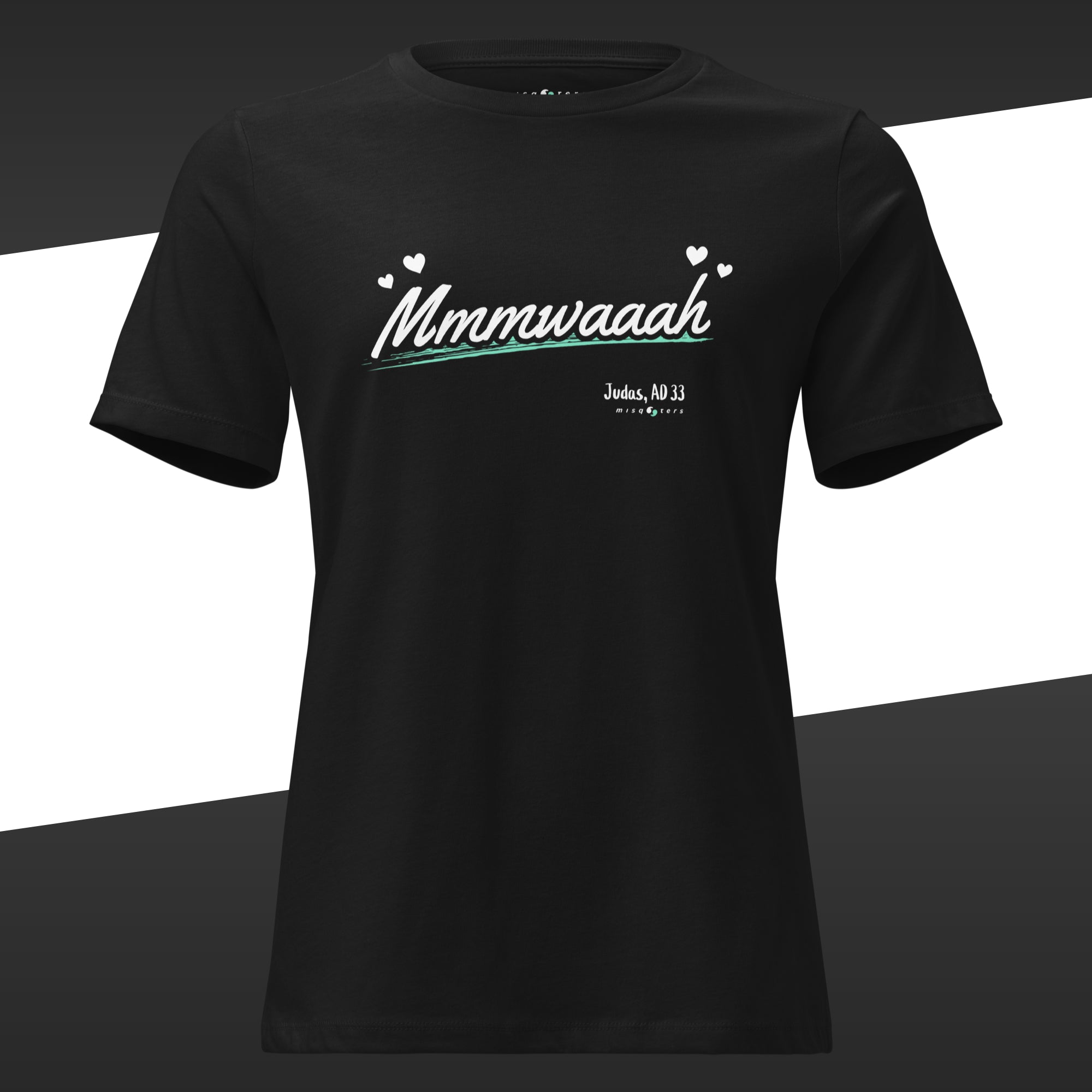 Black t-shirt with the fake quote 'Mmmwaaah' from Judas underlined with a green line