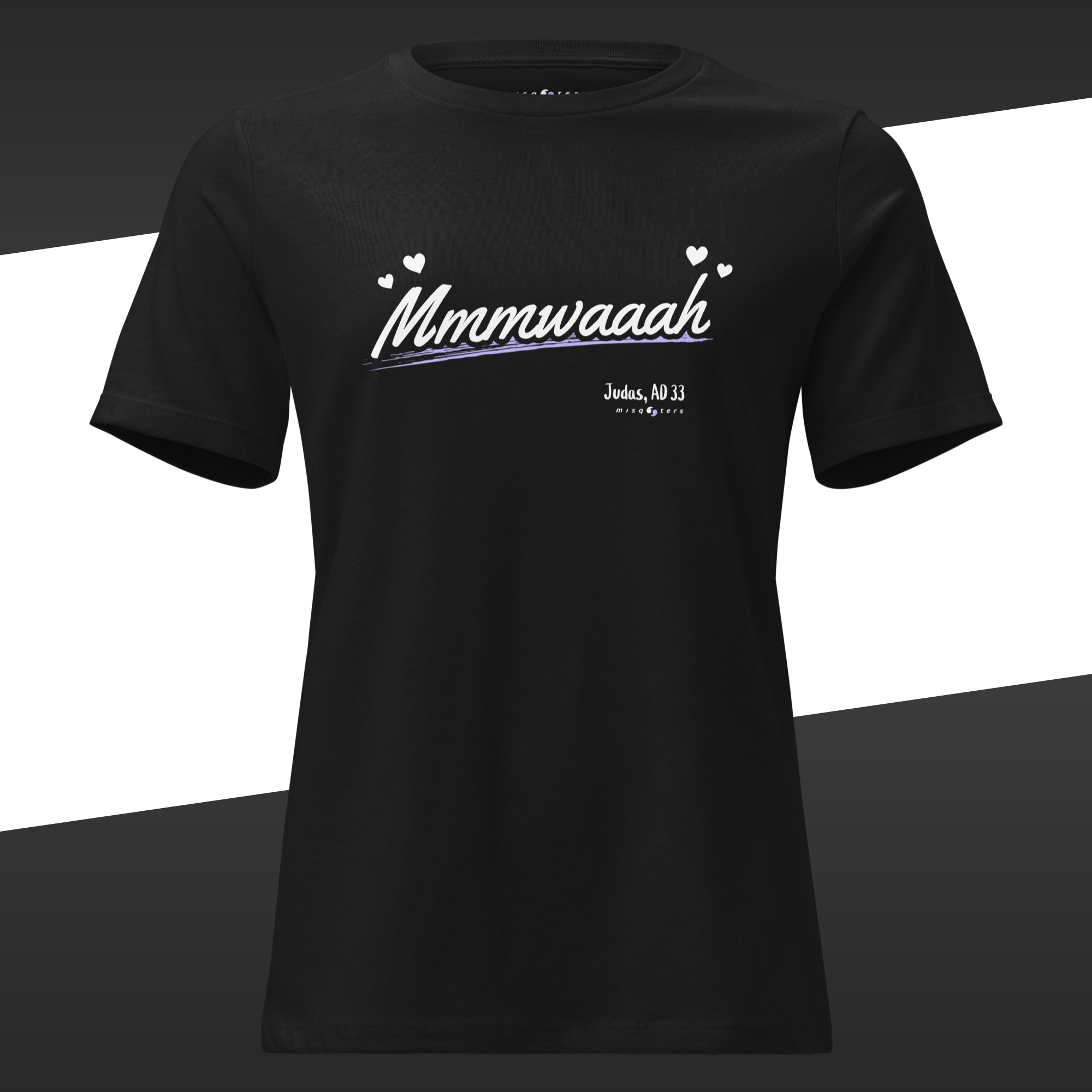 Black t-shirt with the fake quote 'Mmmwaaah' from Judas underlined with a blue lavender line