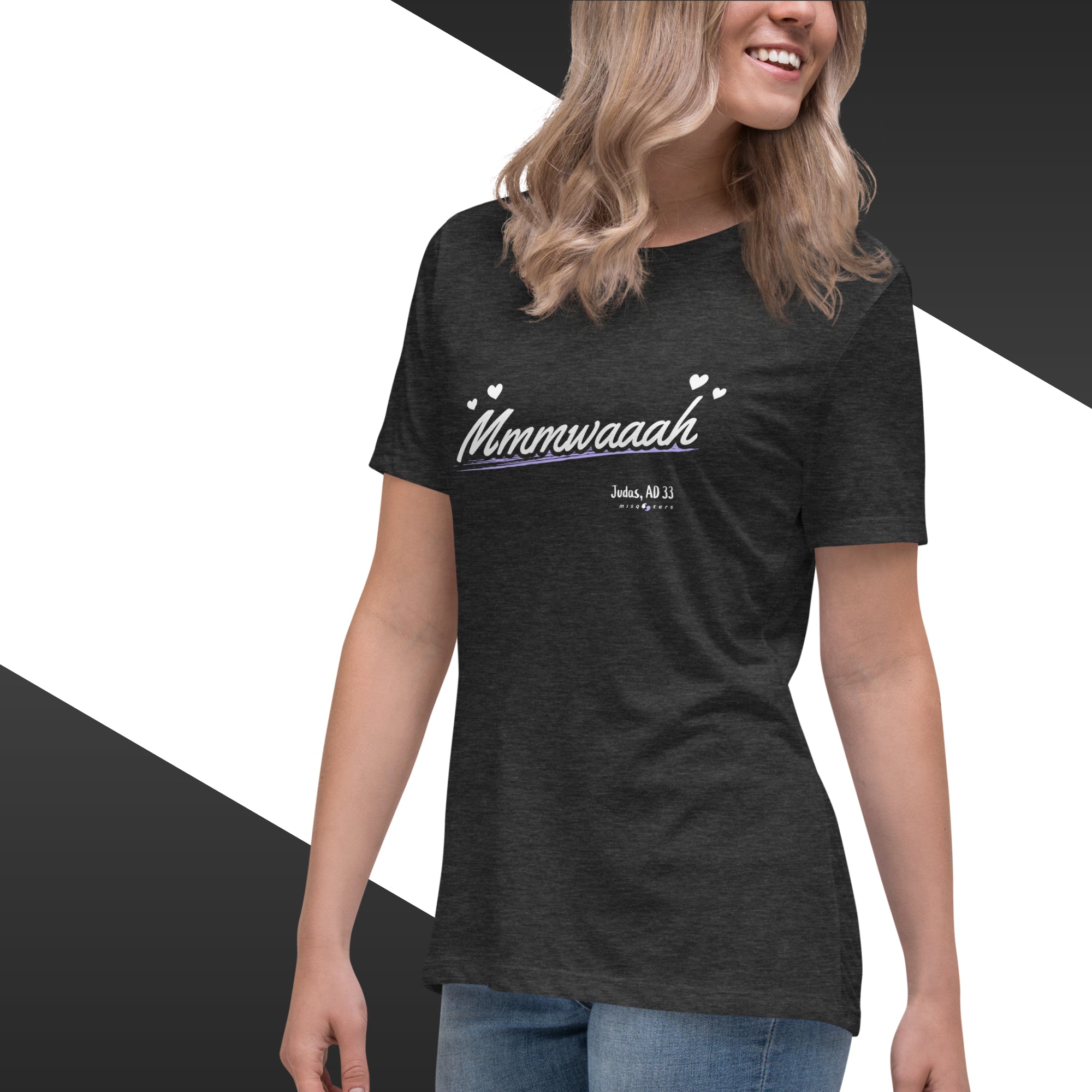 Woman wearing a black t-shirt with text and hearts design
