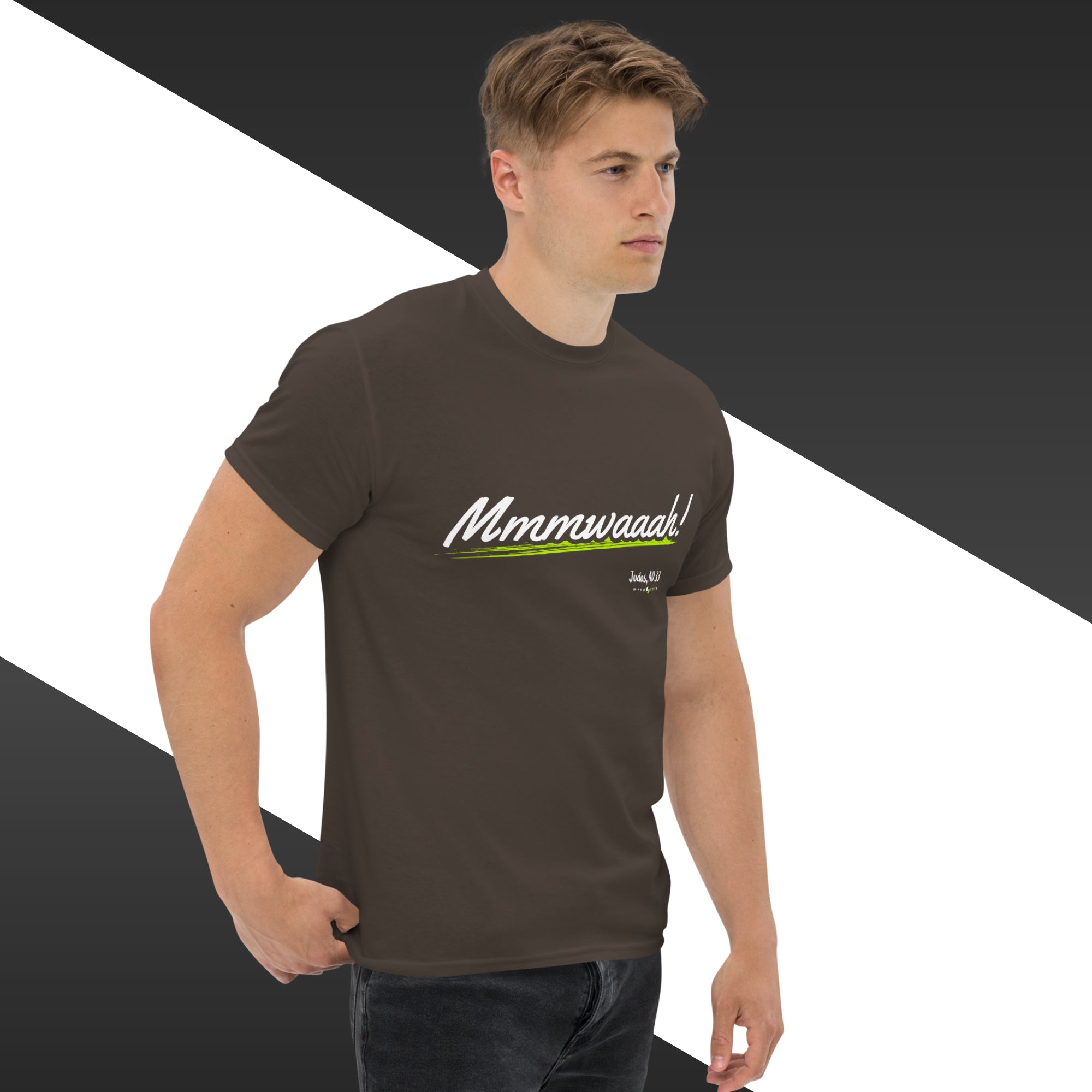 Man wearing a brown t-shirt with 'Mmmwaaah!' text on a black and white background