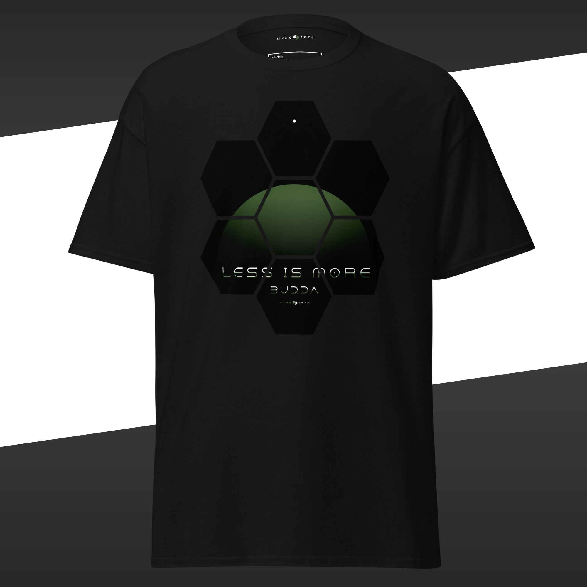 Black t-shirt with geometric green design featuring the fake quote "Less is more" by Buddha