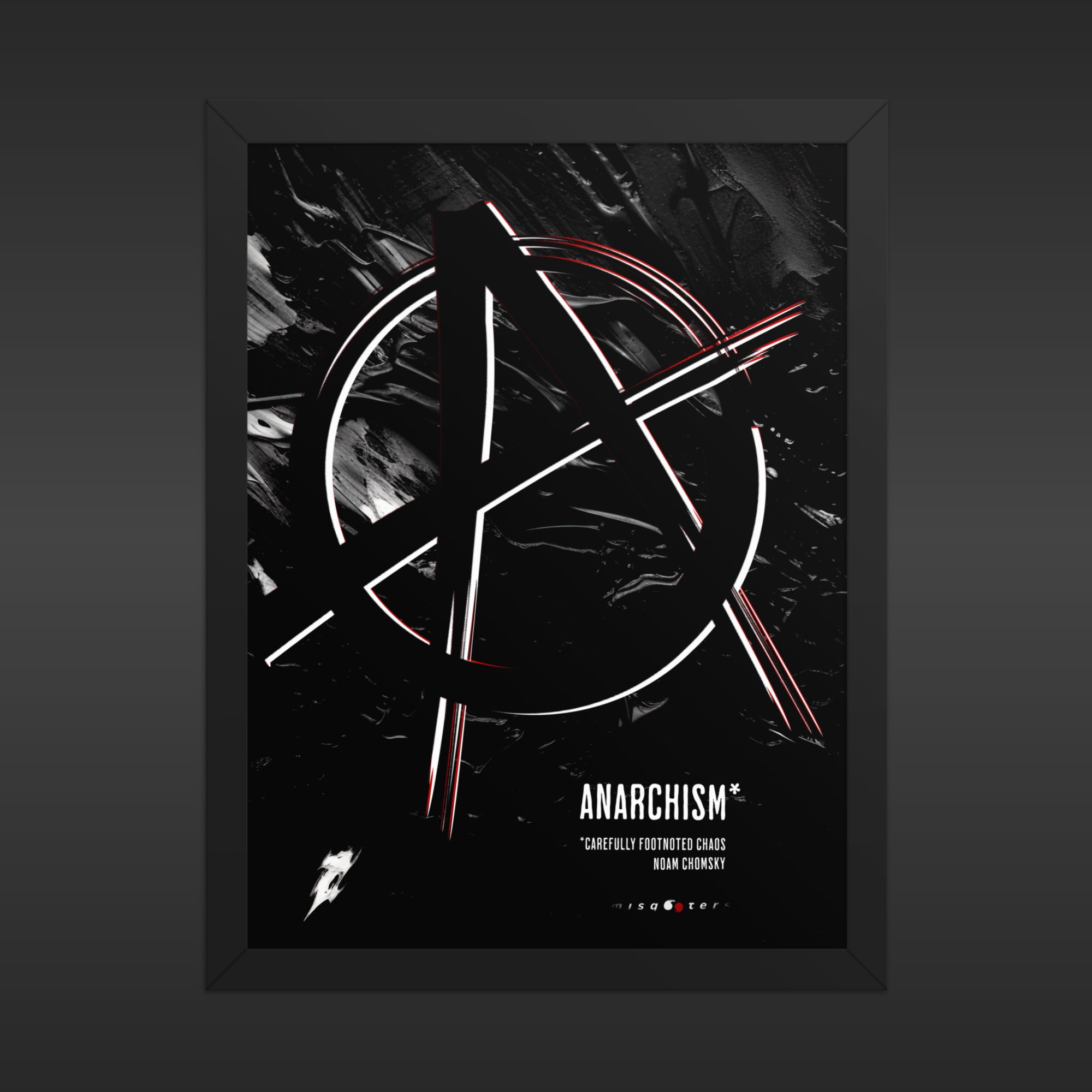 Framed poster with an anarchism symbol on a dark background