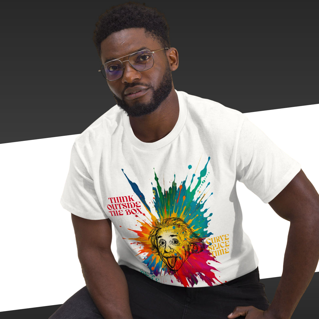 Person wearing a white t-shirt with colorful graphic design and text.