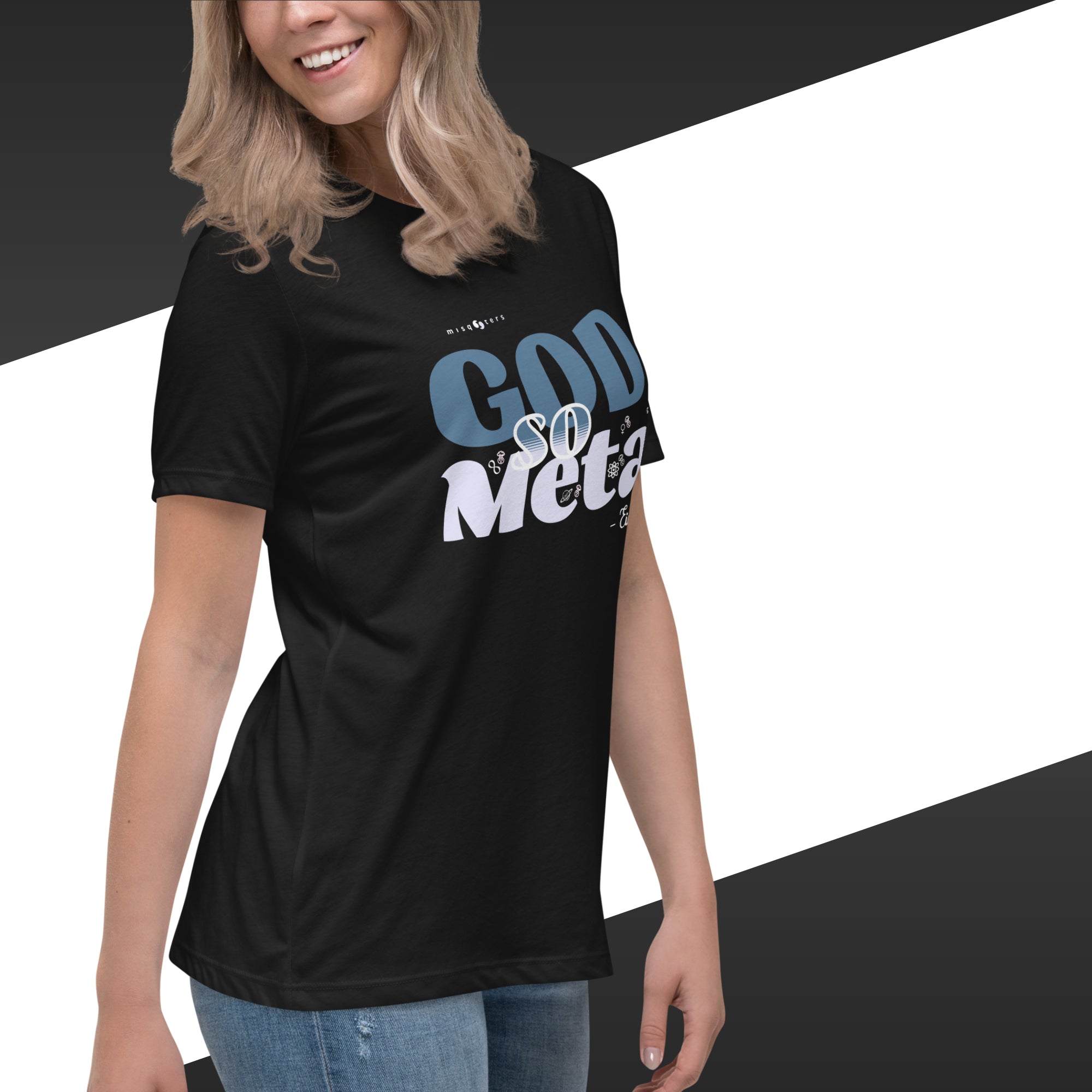 Person wearing a black t-shirt with 'GOD SO META' text design on a white and black background