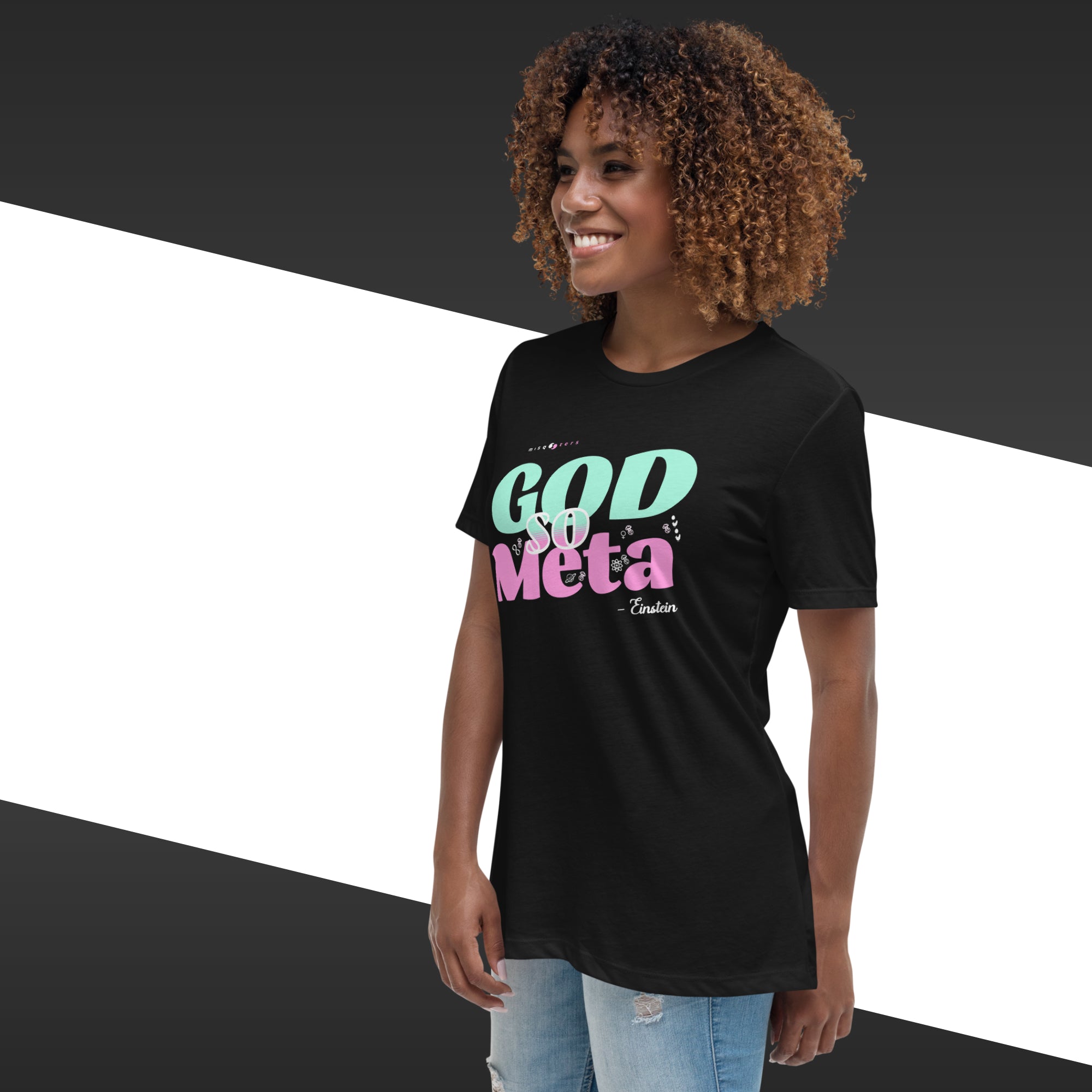 Woman wearing a black t-shirt with colorful text on a black and white background