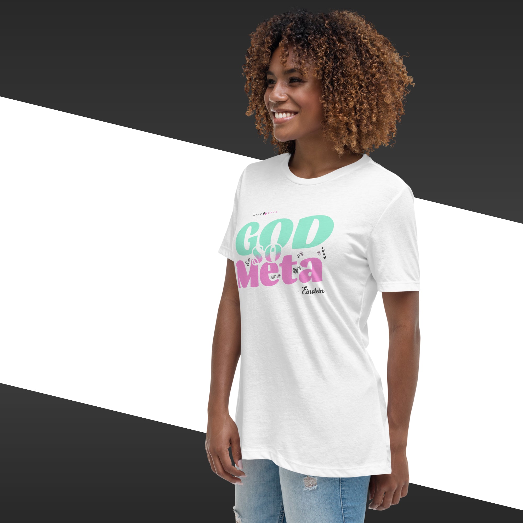 Woman wearing a white t-shirt with colorful text design on a black and white background