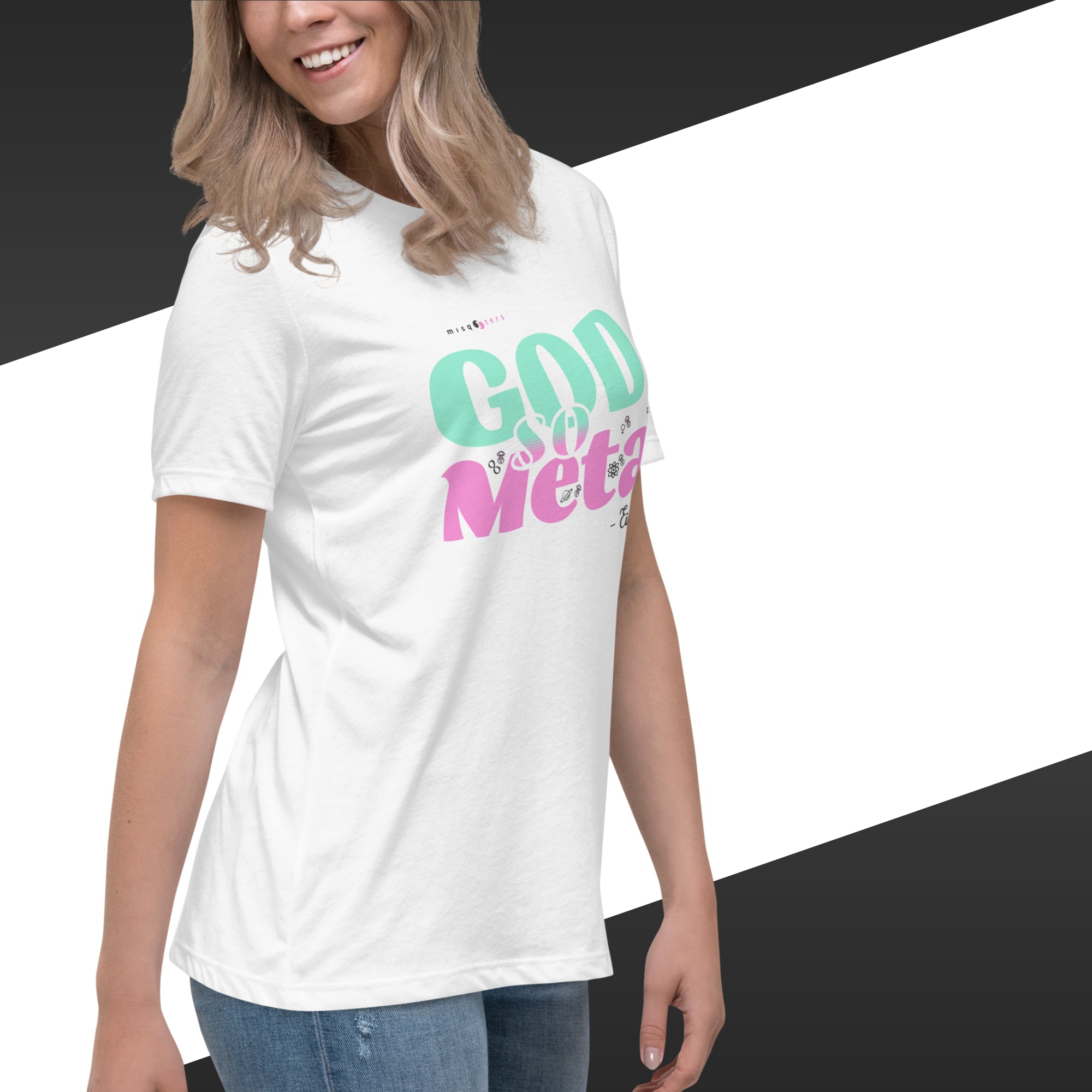 Person wearing a white t-shirt with colorful text on a black and white background