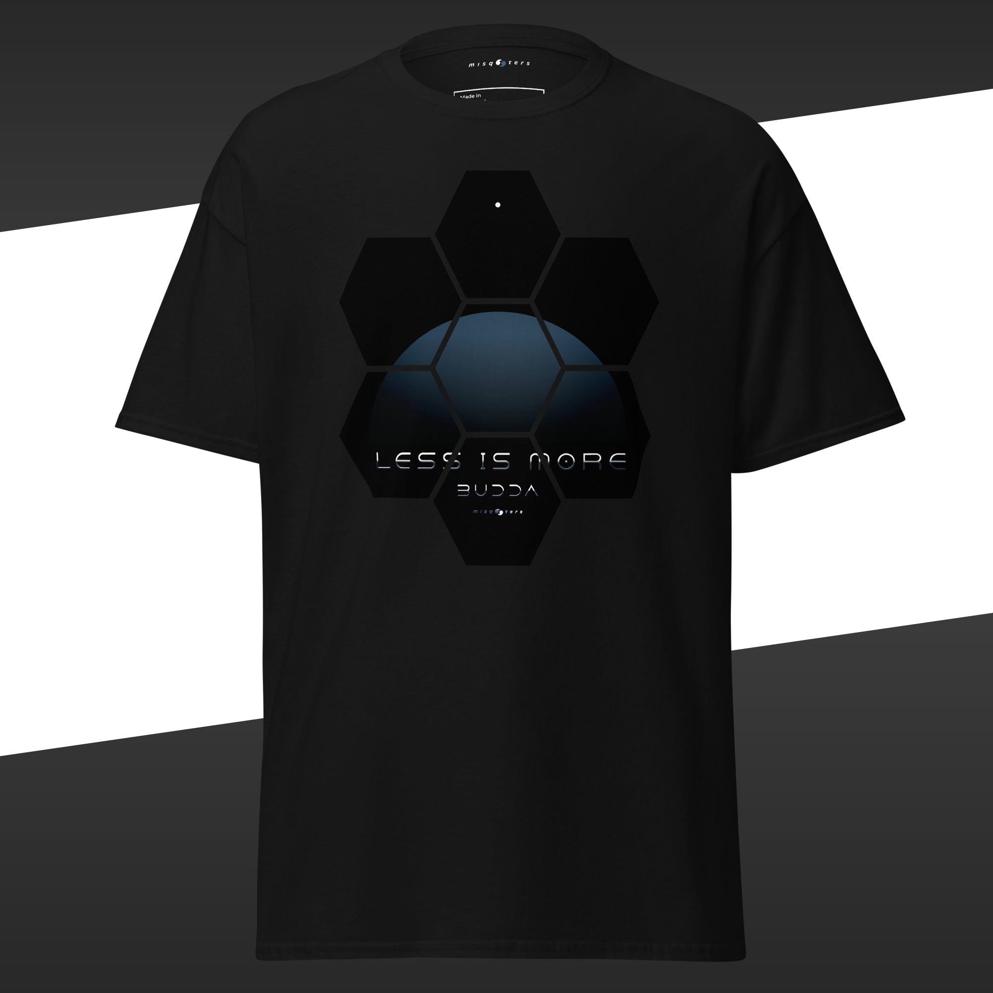 Black t-shirt with geometric blue design featuring the fake quote "Less is more" by Buddha