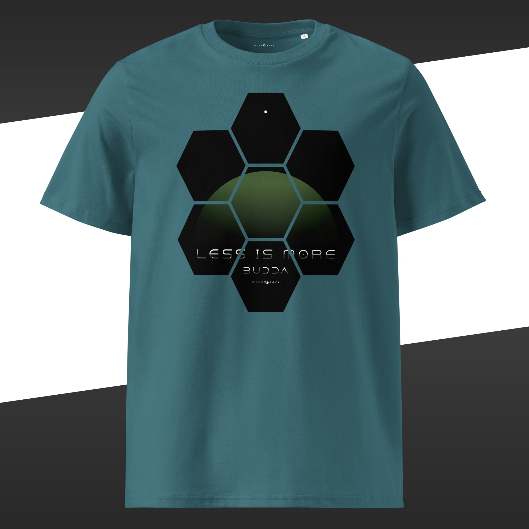 Green wide t-shirt with a green design of the fake quote "Less is more" by Buddha.