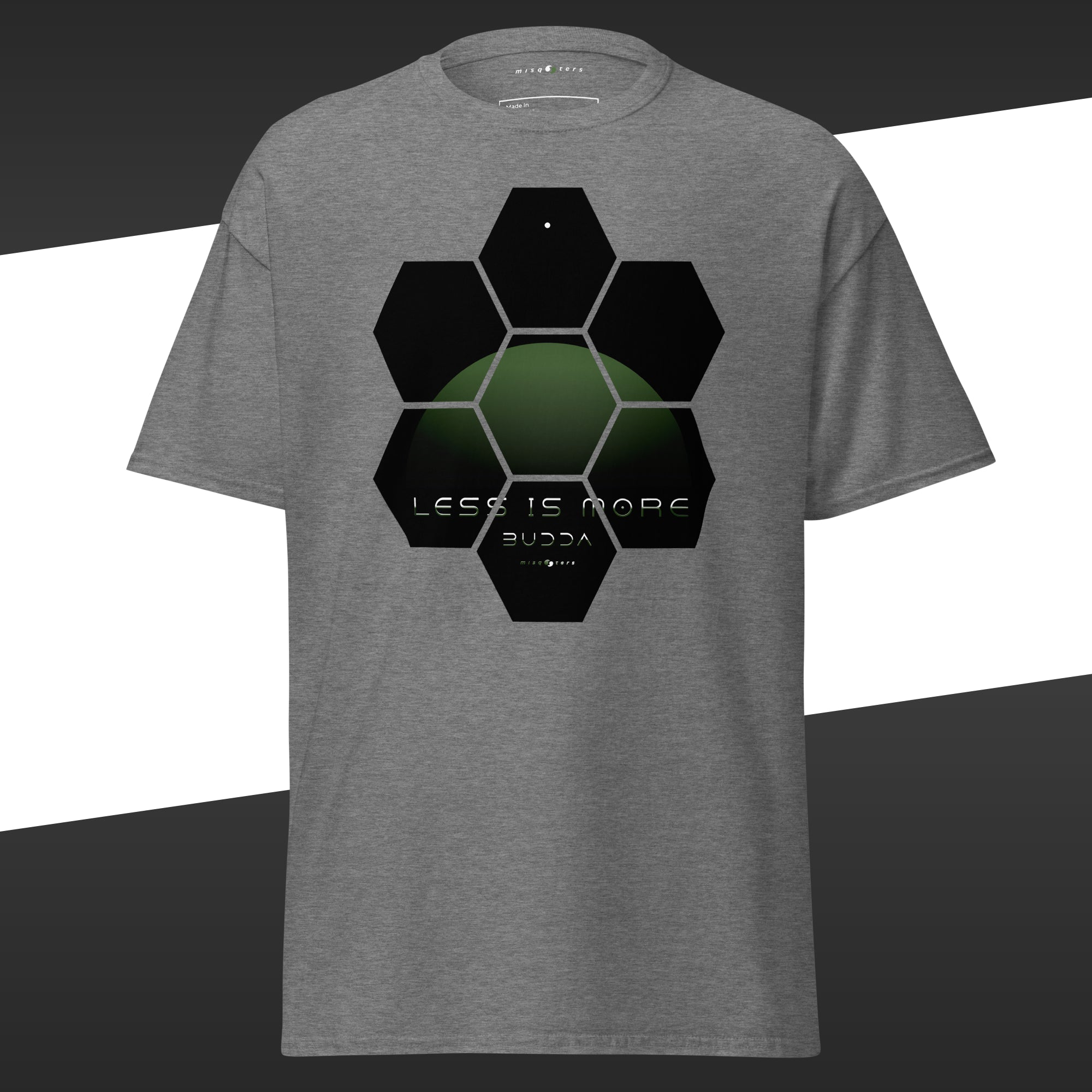 Light grey t-shirt with geometric green design featuring the fake quote "Less is more" by Buddha