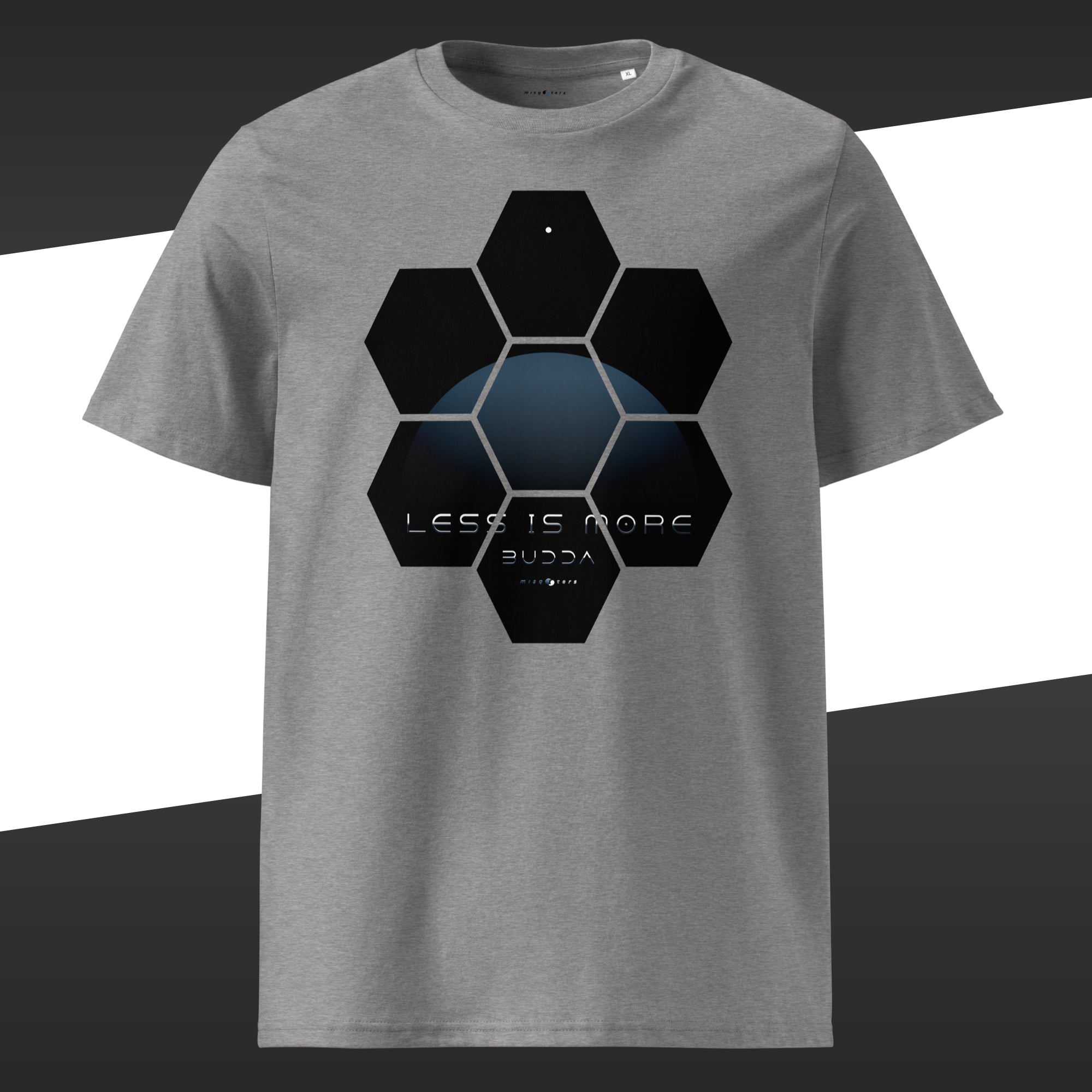 Grey wide t-shirt with a blue design of the fake quote "Less is more" by Buddha.