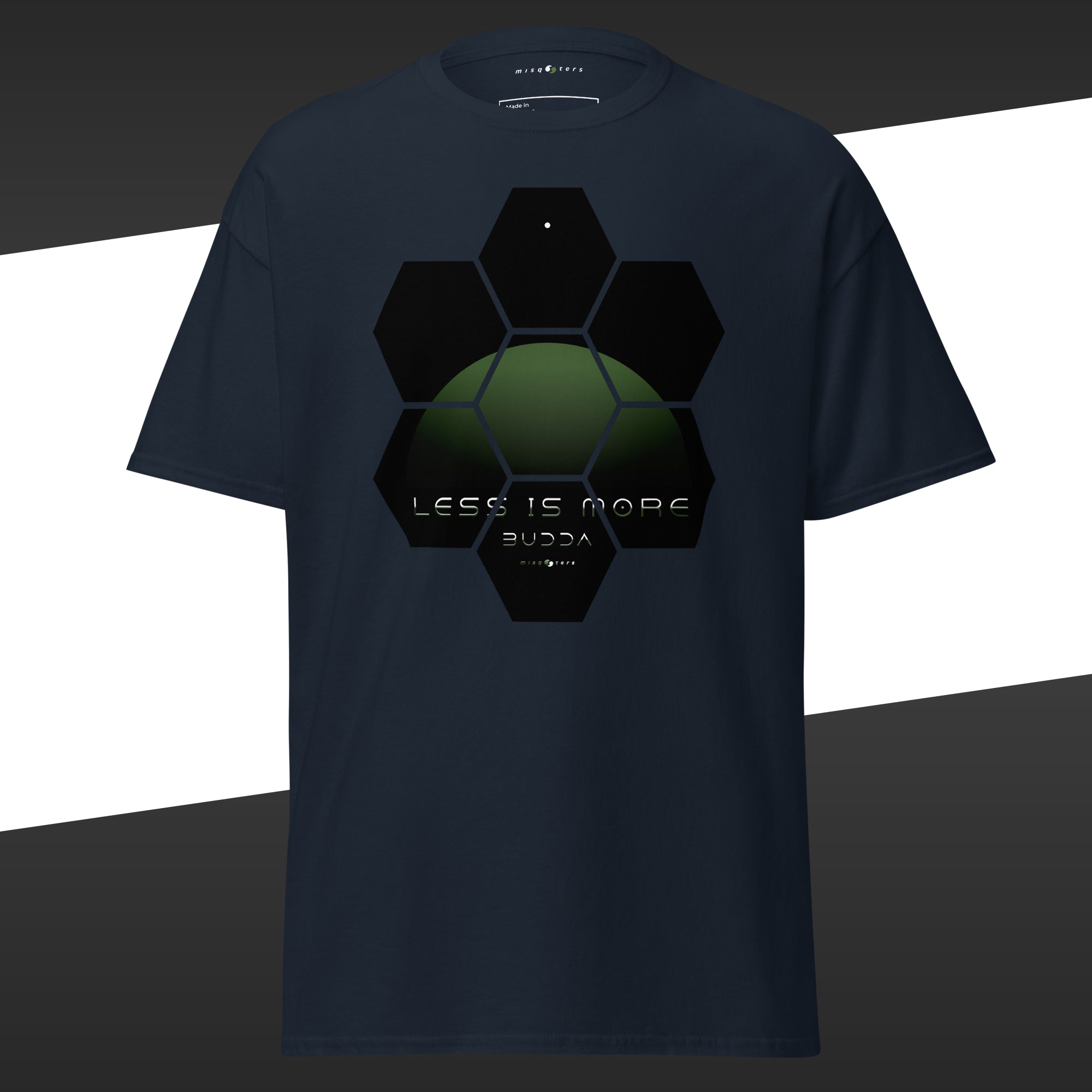 Blue t-shirt with geometric green design featuring the fake quote "Less is more" by Buddha