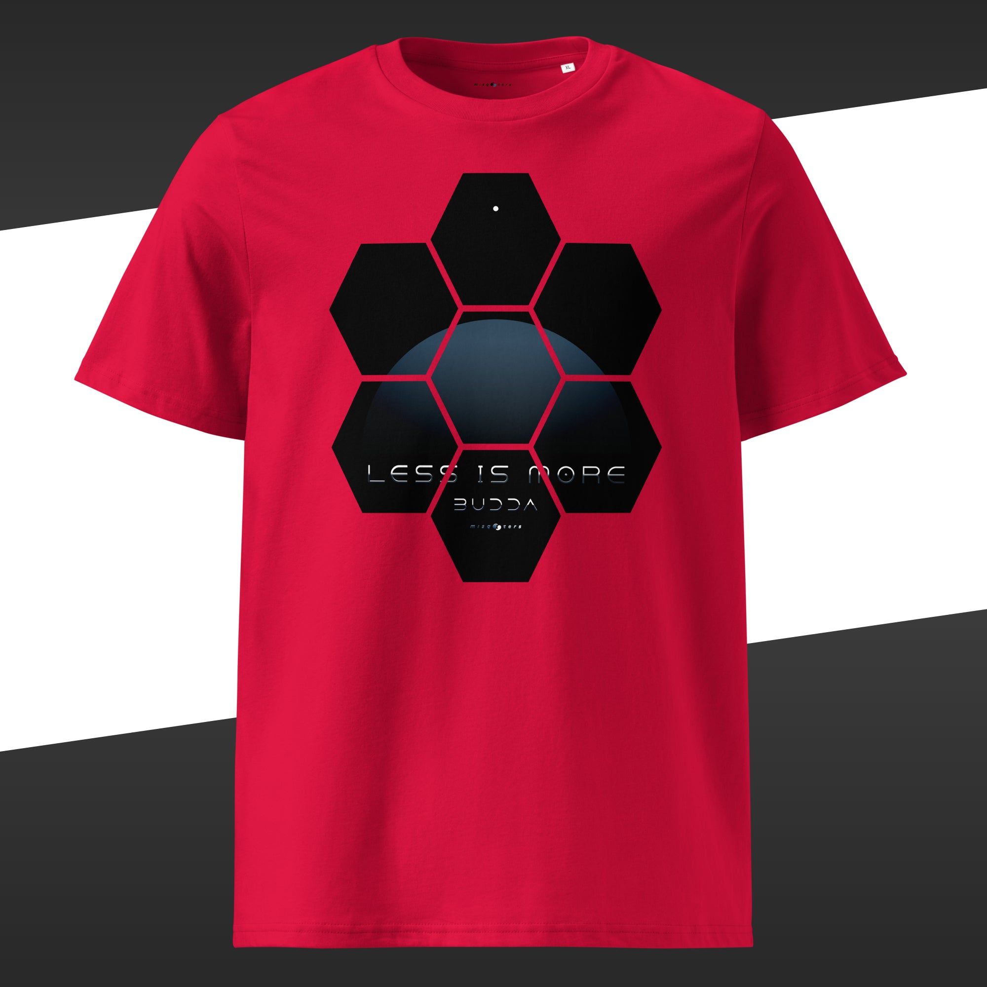 Red wide t-shirt with a blue design of the fake quote "Less is more" by Buddha.