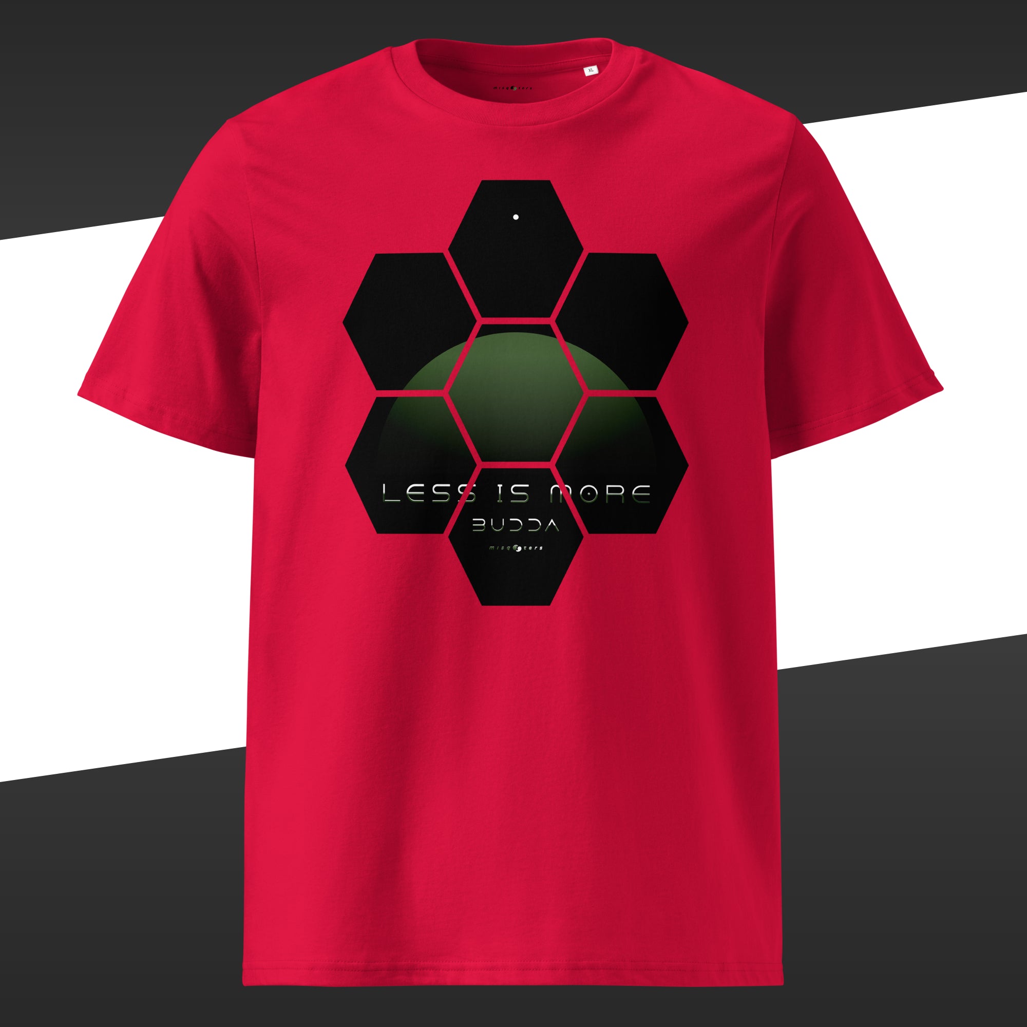Red wide t-shirt with a green design of the fake quote "Less is more" by Buddha.