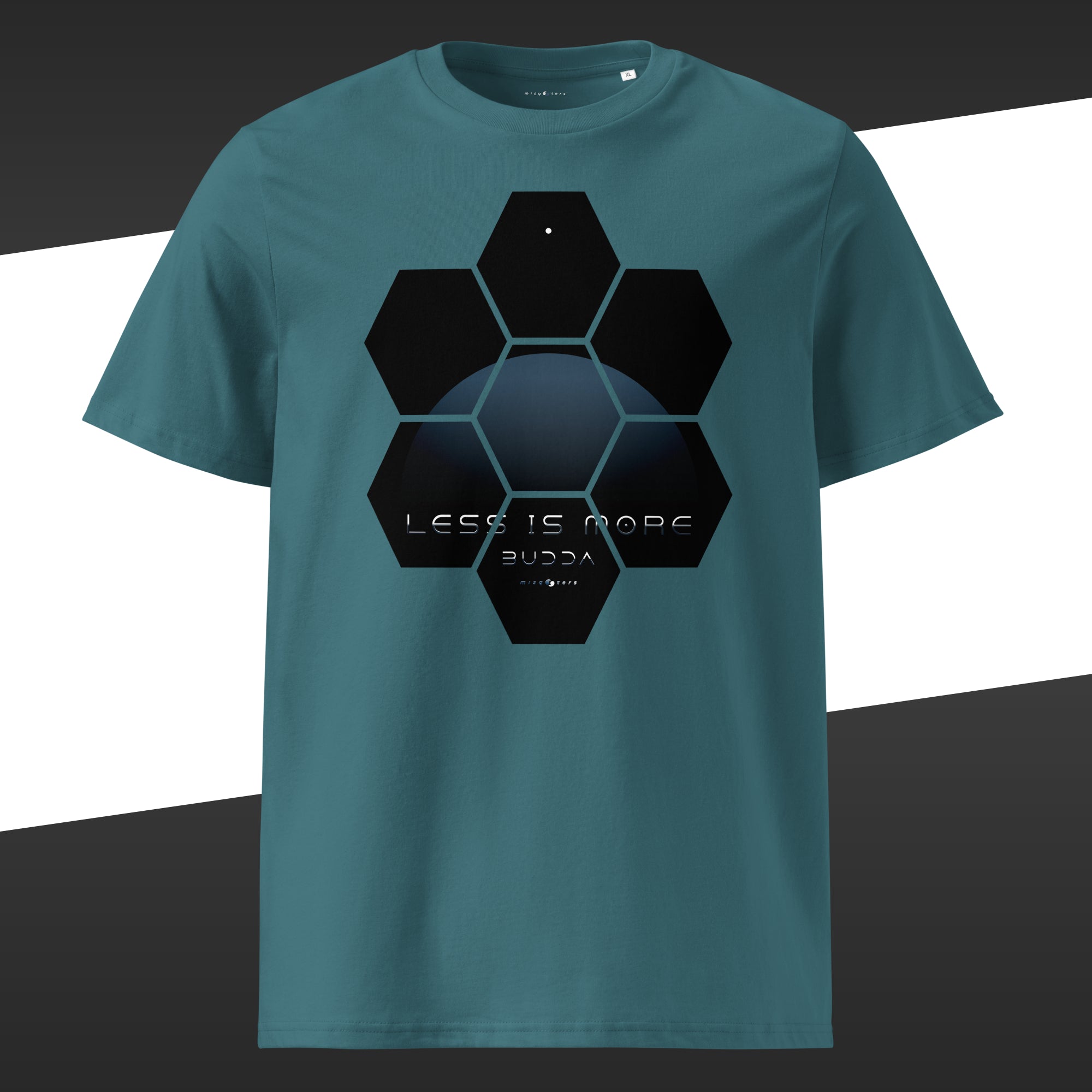 Green wide t-shirt with a blue design of the fake quote "Less is more" by Buddha.