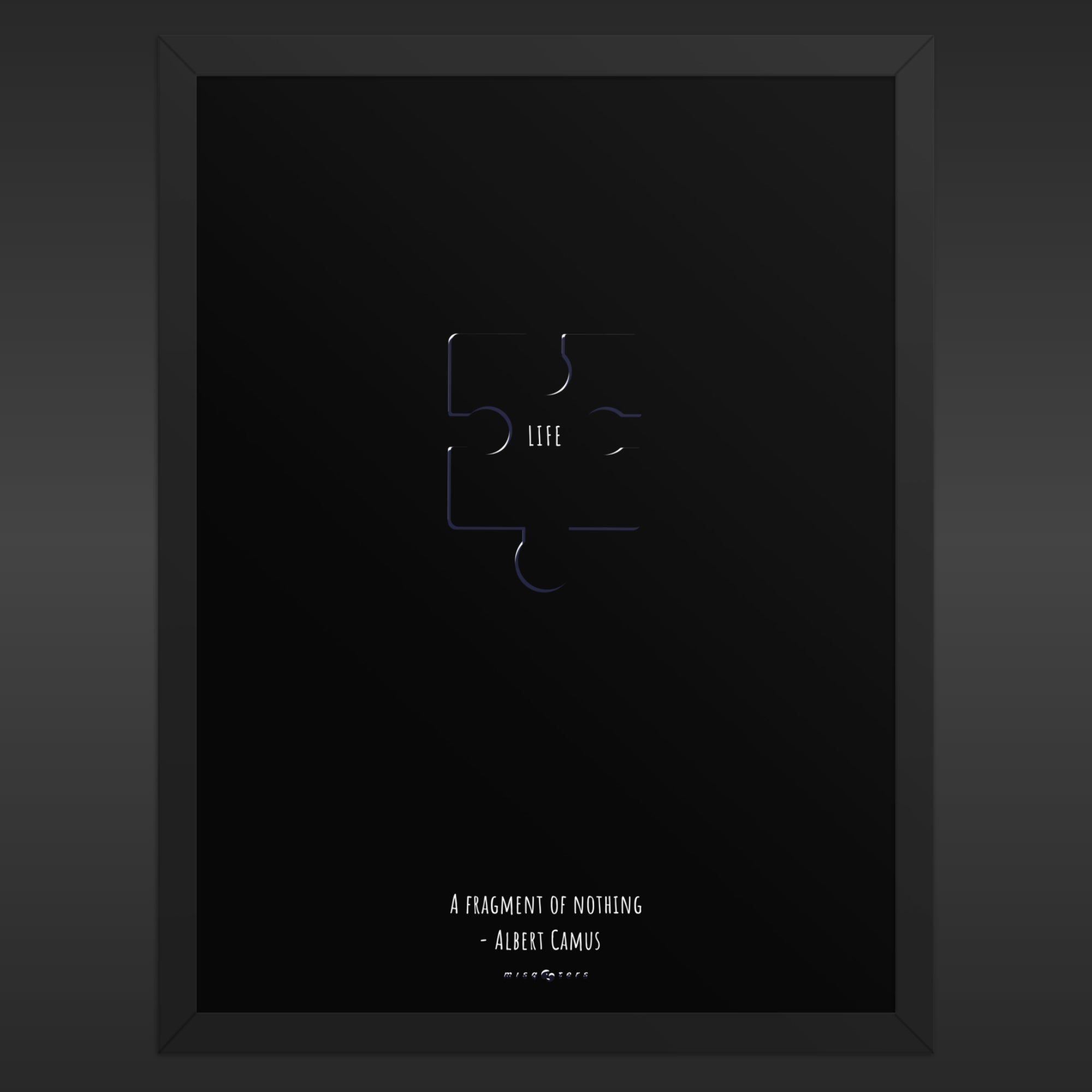 Framed black poster with minimalist design and text on a dark background