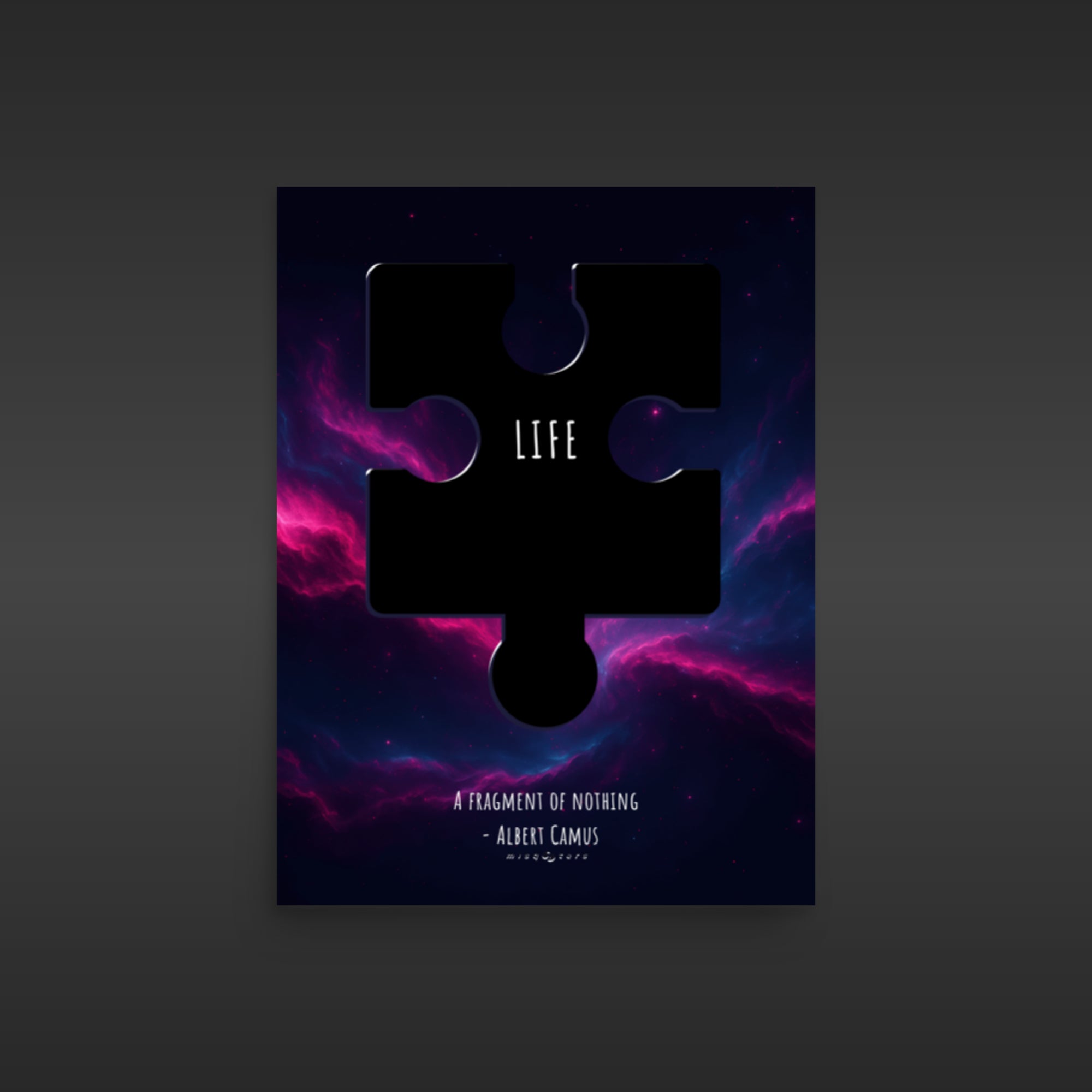 Poster with a puzzle piece design and 'Life' text on a dark background
