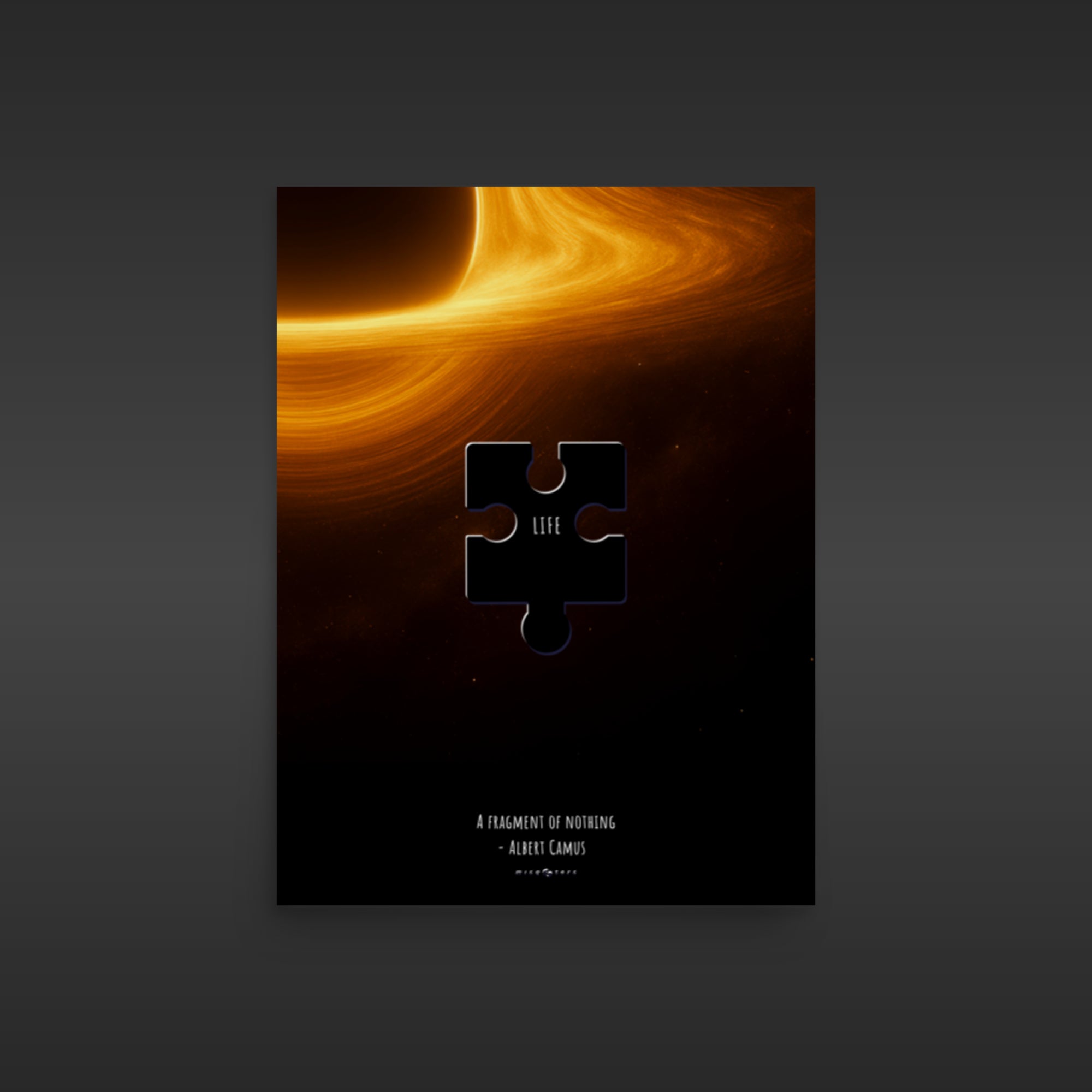 Poster with a glowing orange circle and puzzle piece on a dark background